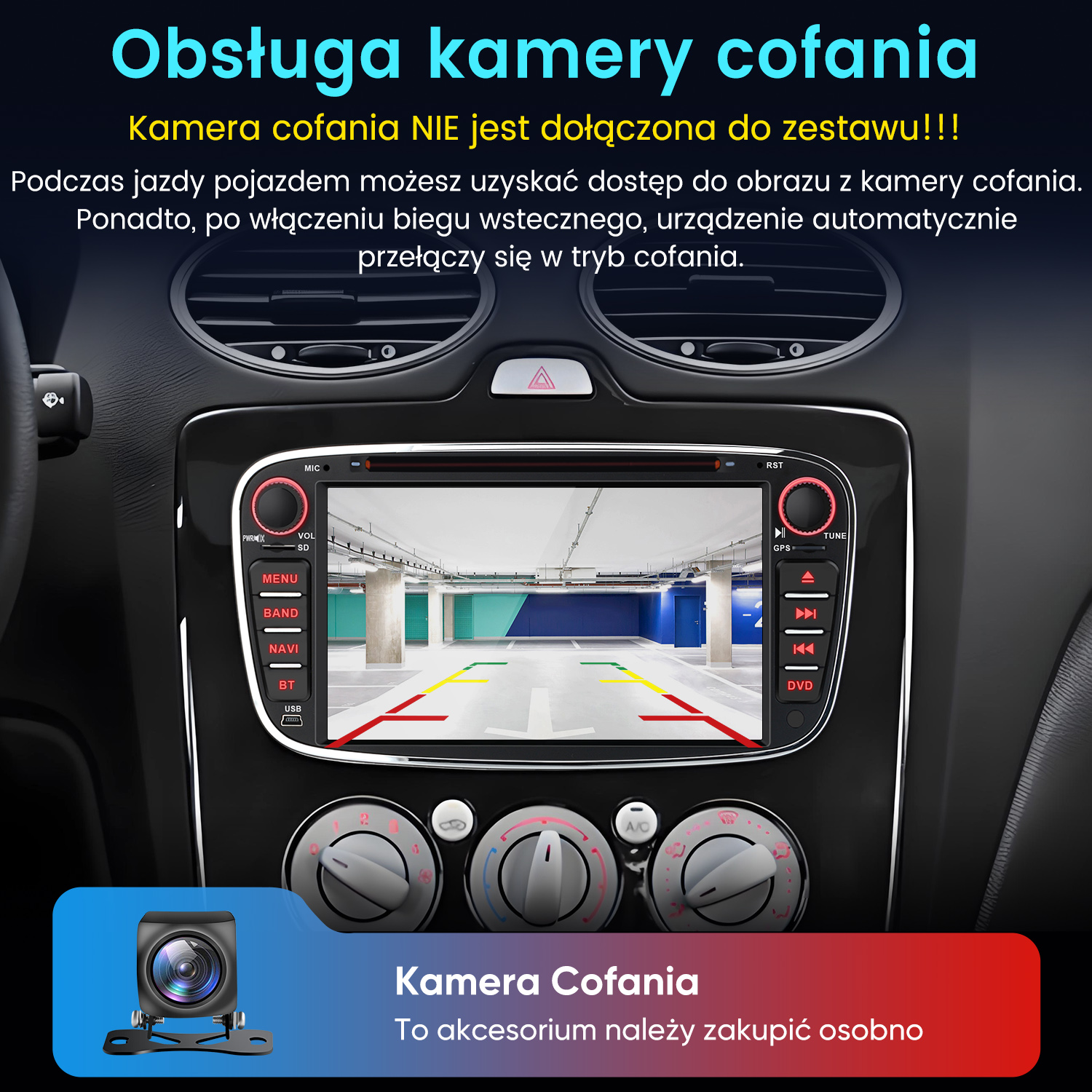 Ekran radia samochodowego z widokiem kamery cofania na parkingu i tekstem.