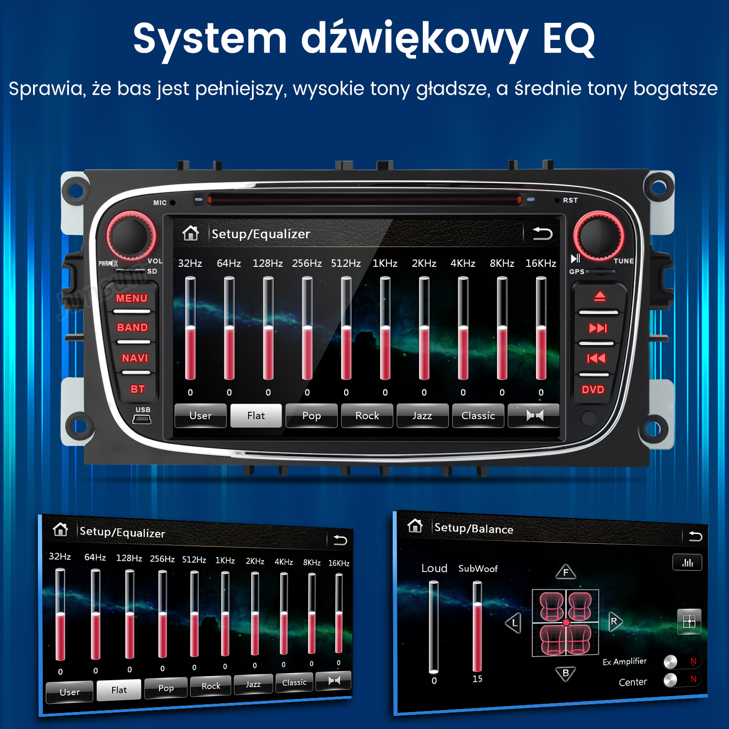 Radio samochodowe z ekranem dotykowym pokazujące ustawienia korektora i suwaki.