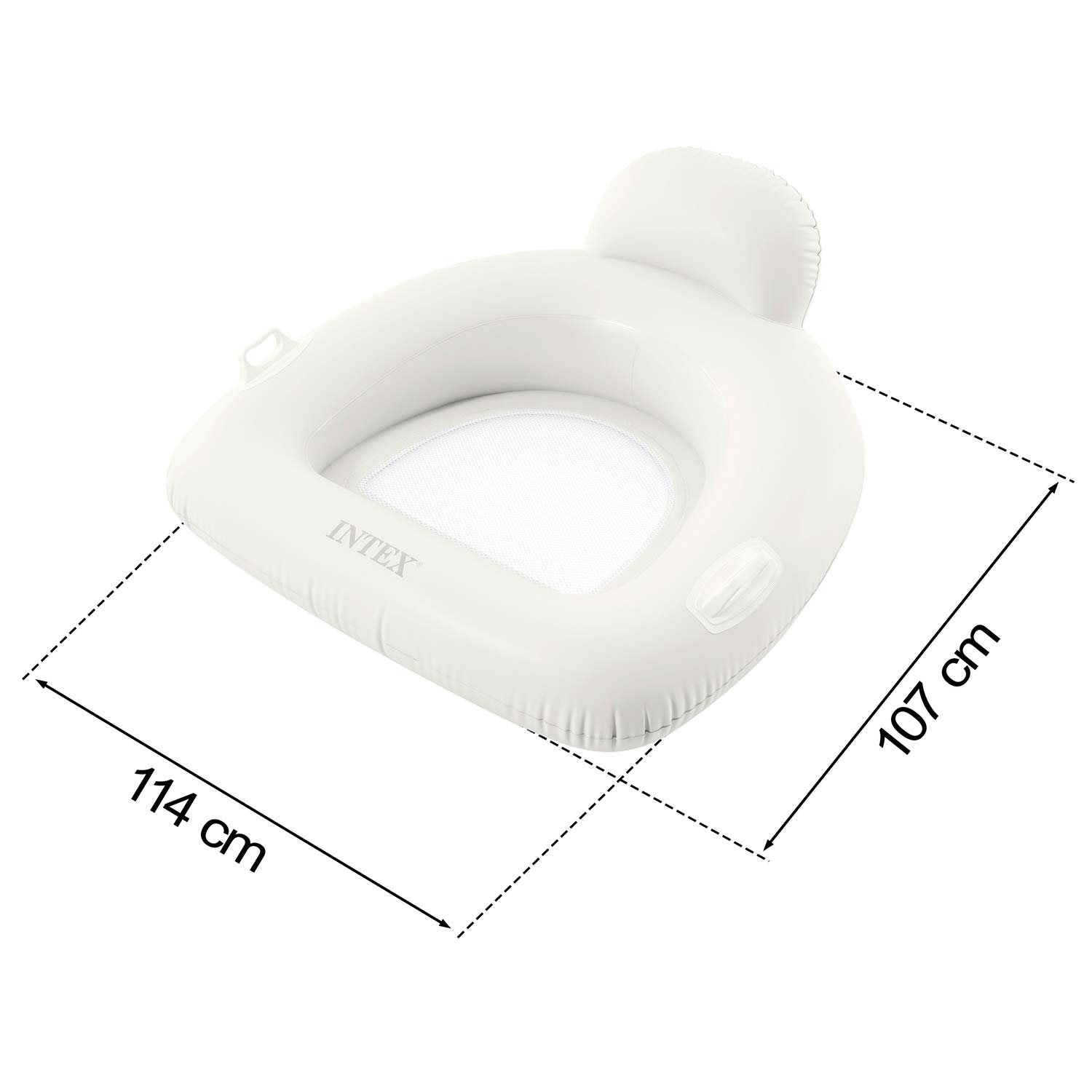 Biały dmuchany materac Intex z oparciem, siatkowym dnem i wymiarami 114x107 cm.