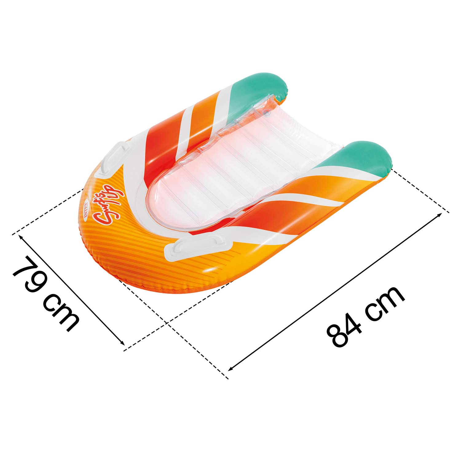 Dmuchany materac basenowy, pomarańczowo-biało-zielony, o wymiarach 84 cm na 79 cm, na białym tle.