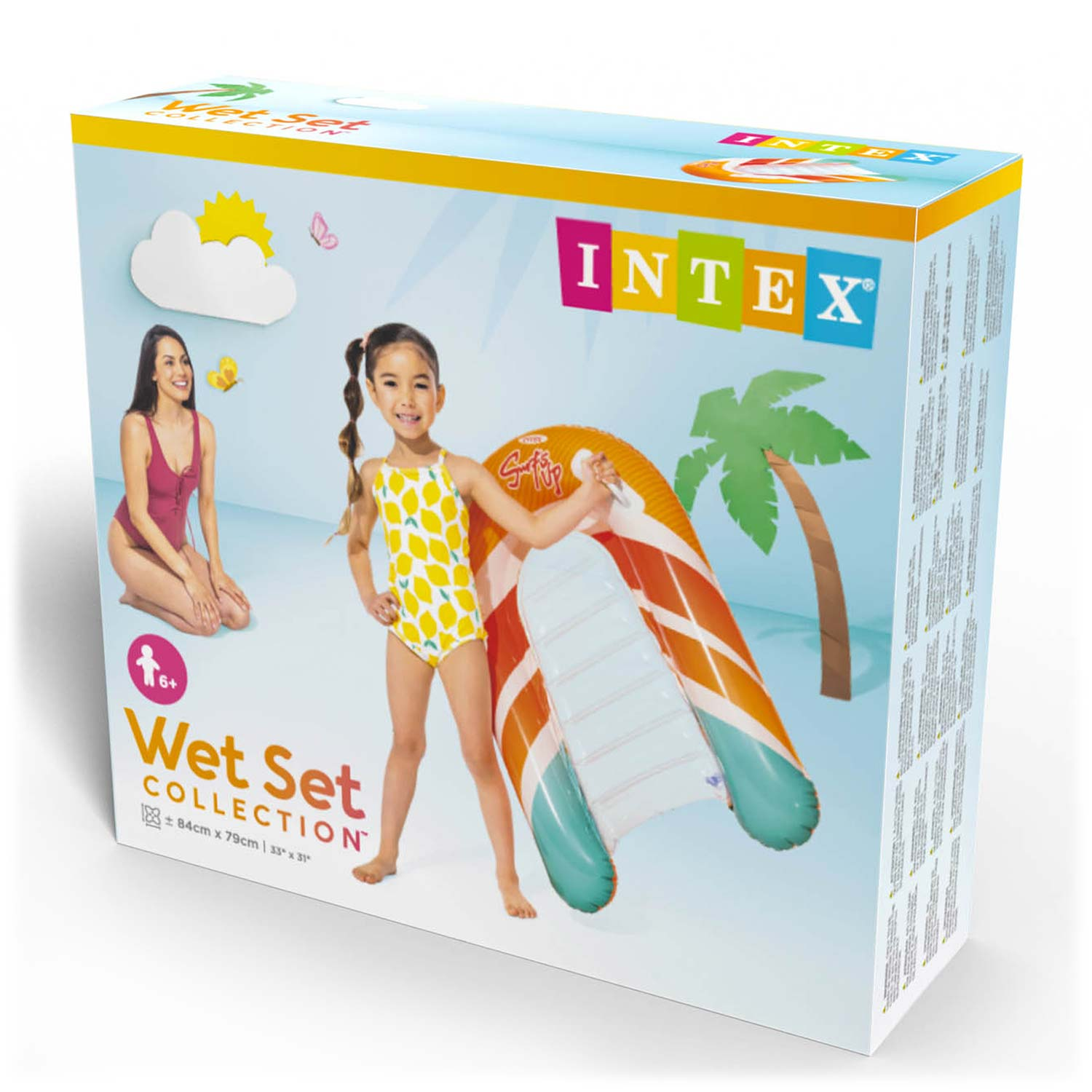 Opakowanie nadmuchiwanej deski surfingowej Intex Wet Set z uśmiechniętą dziewczynką w żółtym stroju.