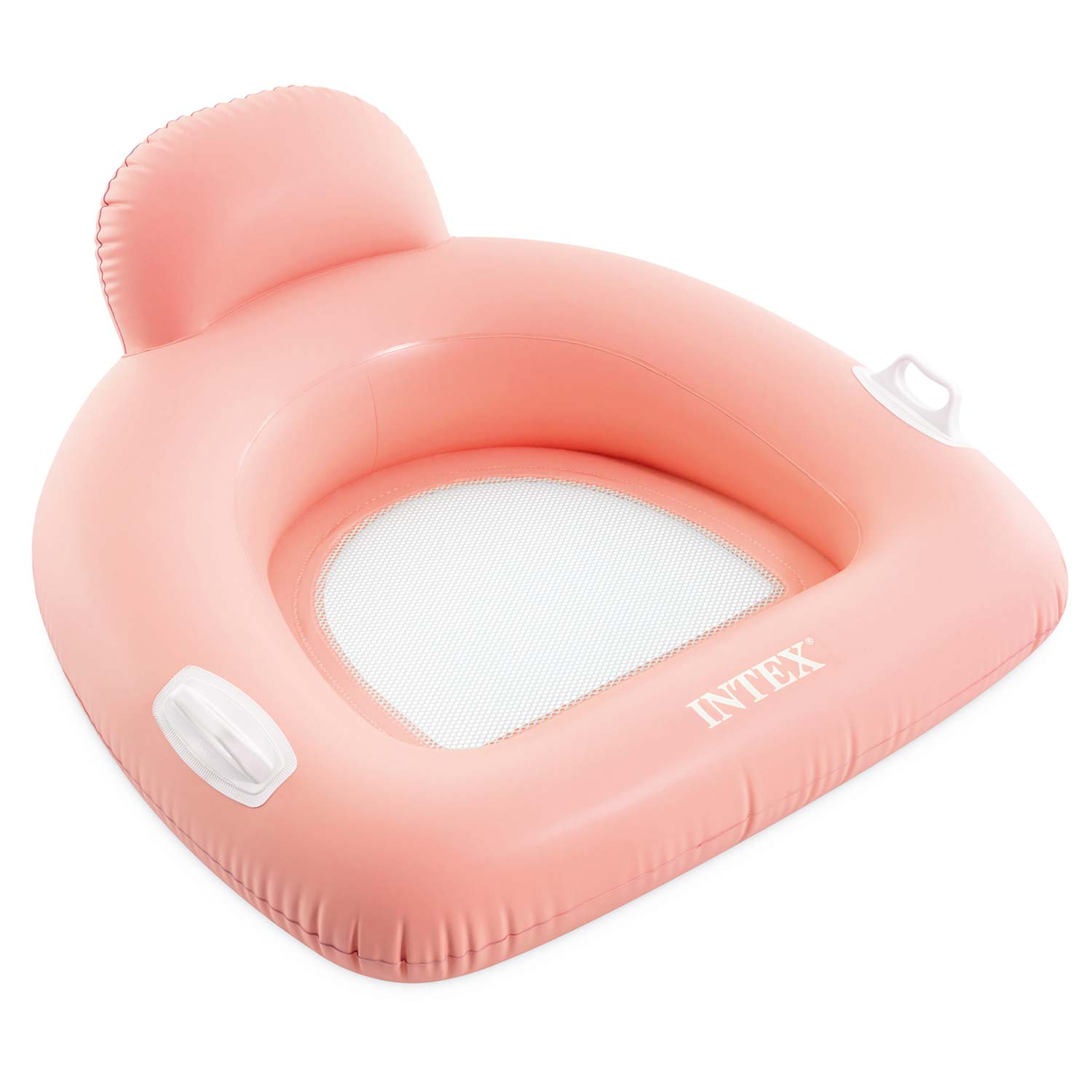 Różowy fotel basenowy Intex z białą siatkową podłogą na białym tle.