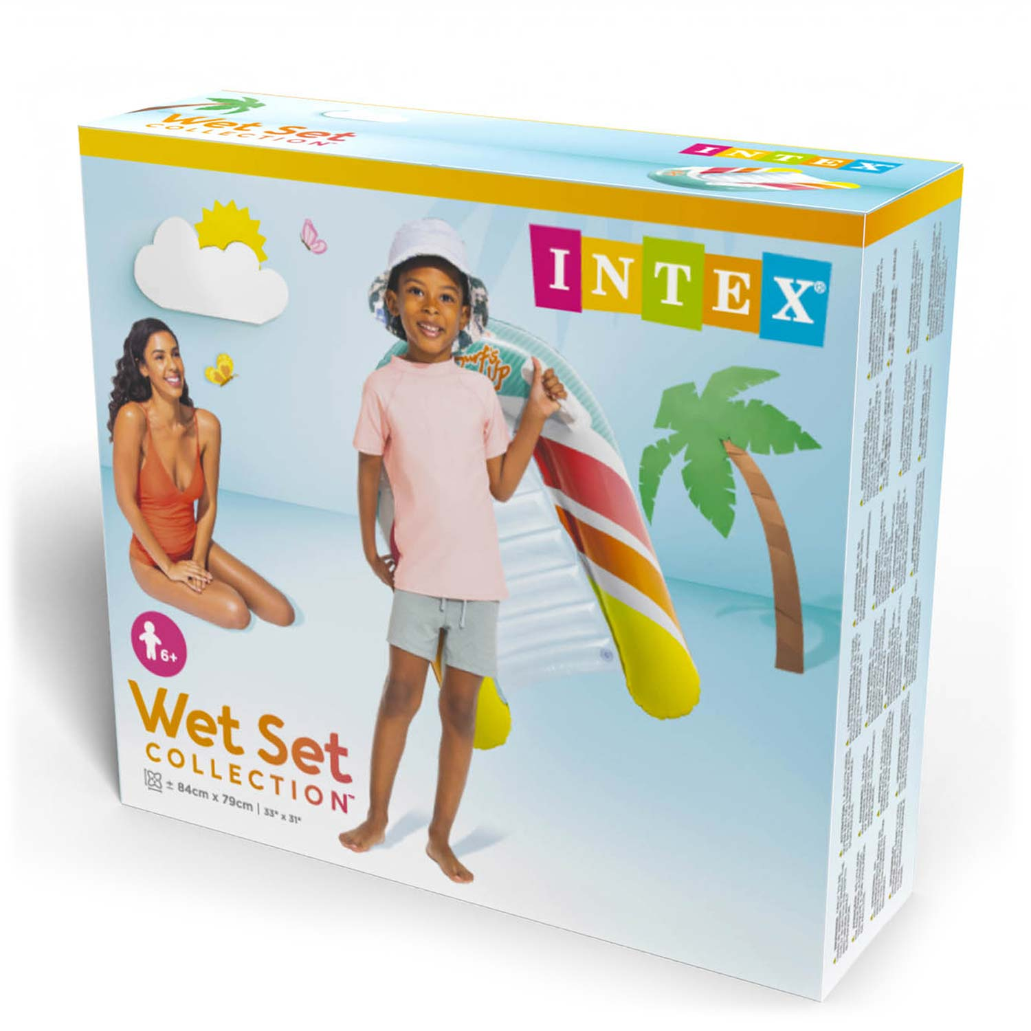 Opakowanie Intex Wet Set Collection przedstawiające dziecko trzymające dmuchaną tratwę i siedzącą kobietę.