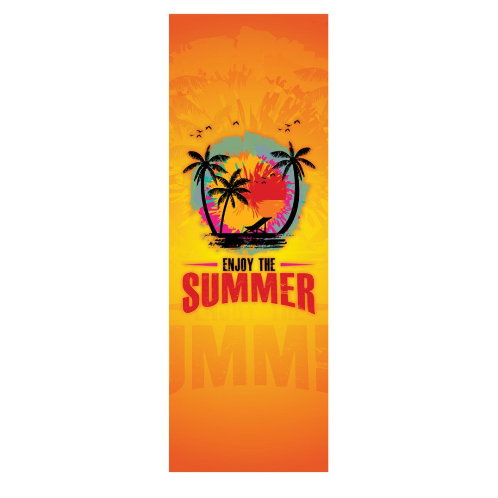 Letni baner z palmami, leżakiem, ptakami i napisem Enjoy the Summer na pomarańczowym tle.