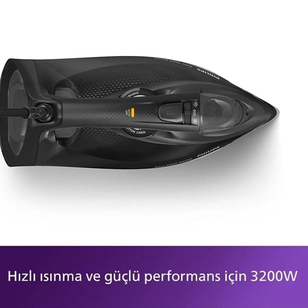 Beyaz arka plan üzerinde modern siyah Philips buharlı ütünün üstten görünümü, altta mor bir şeritte Türkçe metin ile.