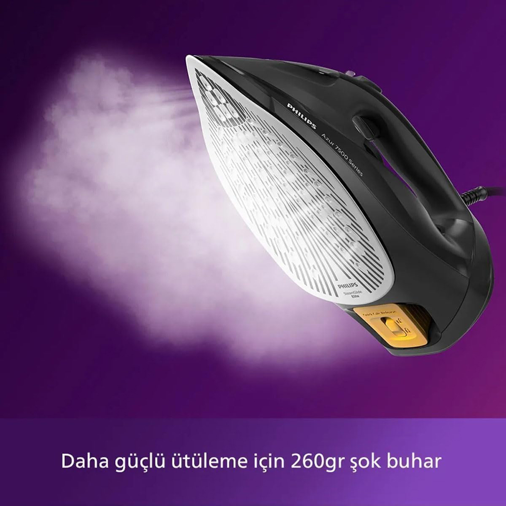 Mor arka plan önünde güçlü buhar çıkaran siyah Philips buharlı ütü.