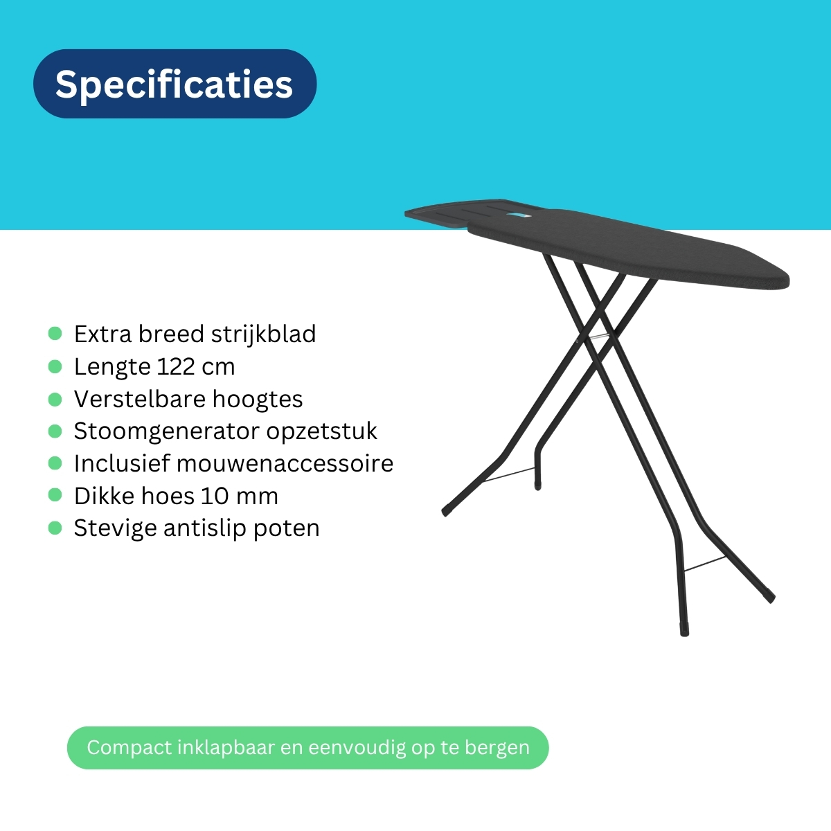Een zwarte strijkplank met specificaties links op een blauw-witte achtergrond.