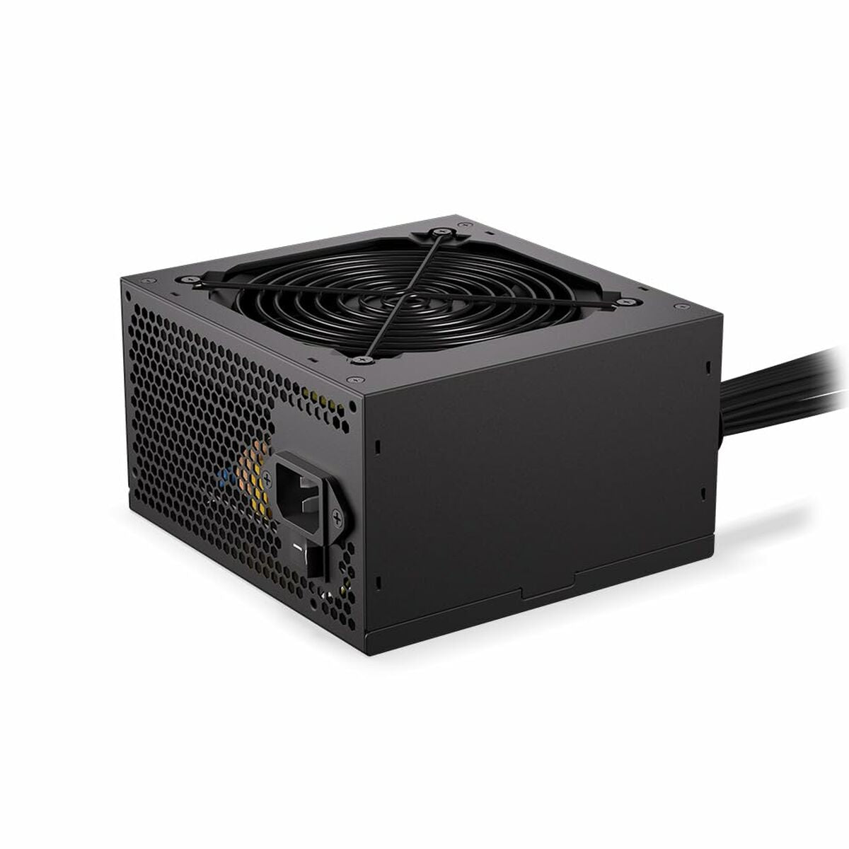 Alimentatore per computer nero con una grande ventola e cavi.