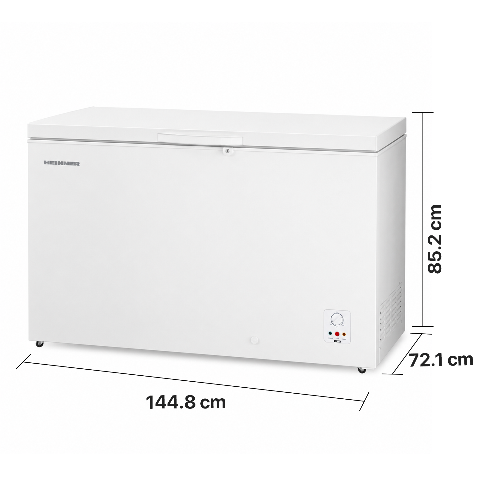 Weisse Heinner Gefriertruhe mit Massangaben von 144,8 cm Breite, 85,2 cm Hoehe und 72,1 cm Tiefe.