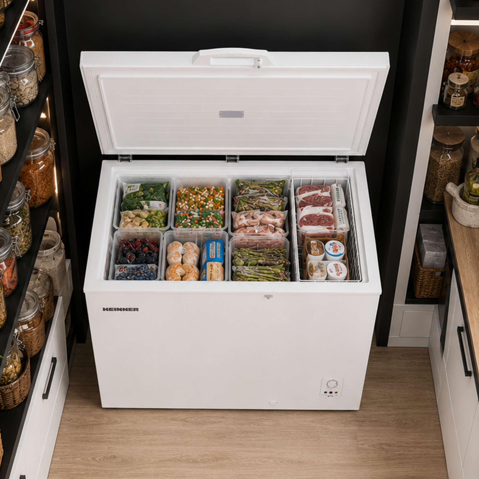 Eine offene weiße Truhe gefüllt mit organisierten Plastikbehältern mit Gemüse, Fleisch und abgepackten Lebensmitteln.