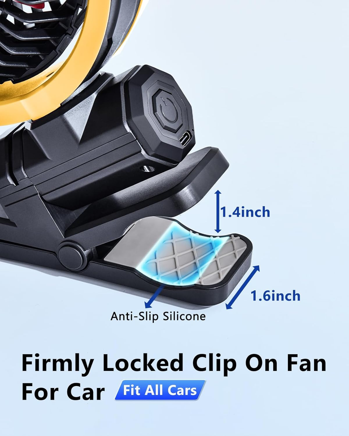 Ein Autoventilator mit einem 1,4 Zoll Öffnungs- und 1,6 Zoll breiten Clip aus Anti-Rutsch-Silikon.
