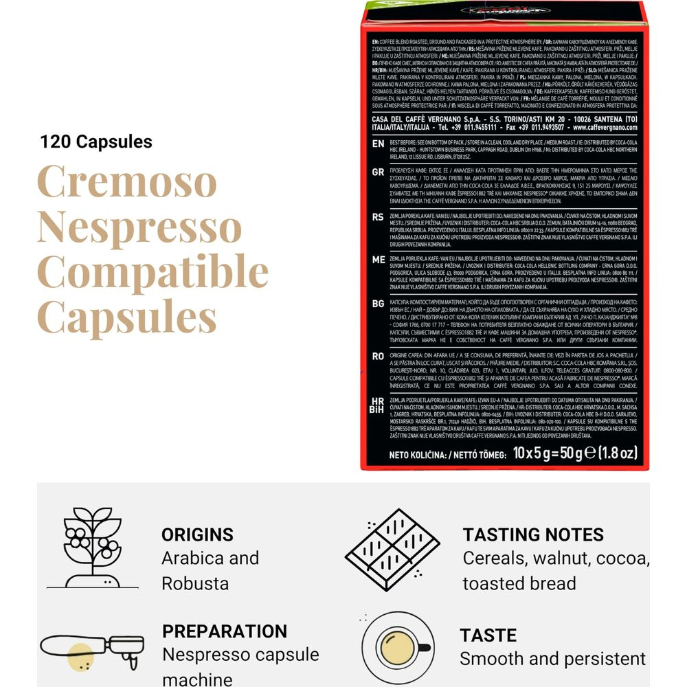 Confezione di caffè per 120 capsule compatibili Nespresso Cremoso con testi su origine, gusto e preparazione.