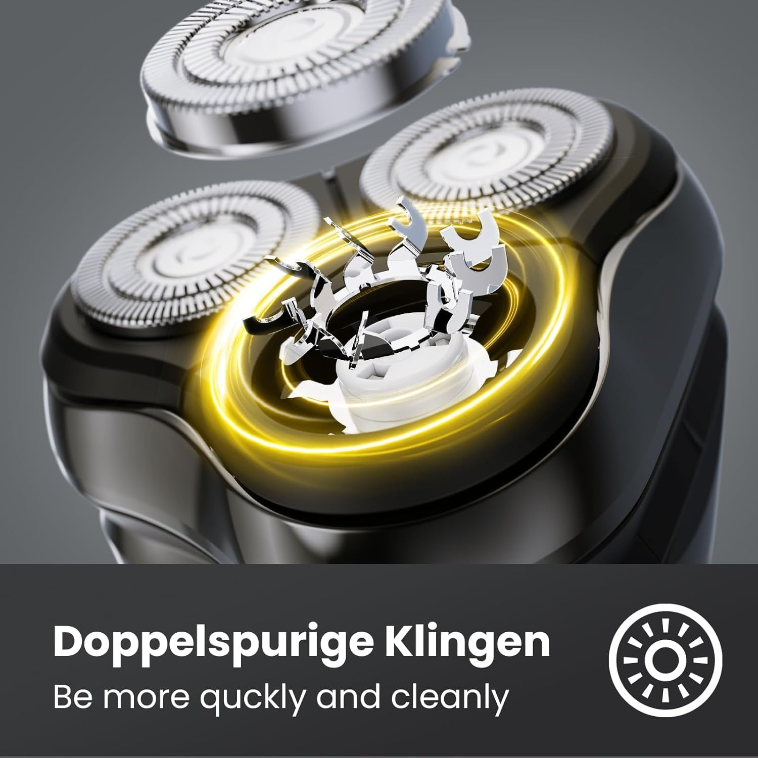 Nahaufnahme eines Rasierers mit doppelspurigen Klingen und leuchtendem Ring.