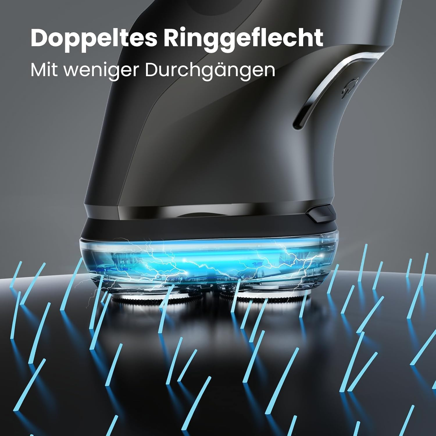Ein elektrischer Rasierer mit blauem Licht gleitet über eine schwarze Hautoberfläche mit blauen Haaren.