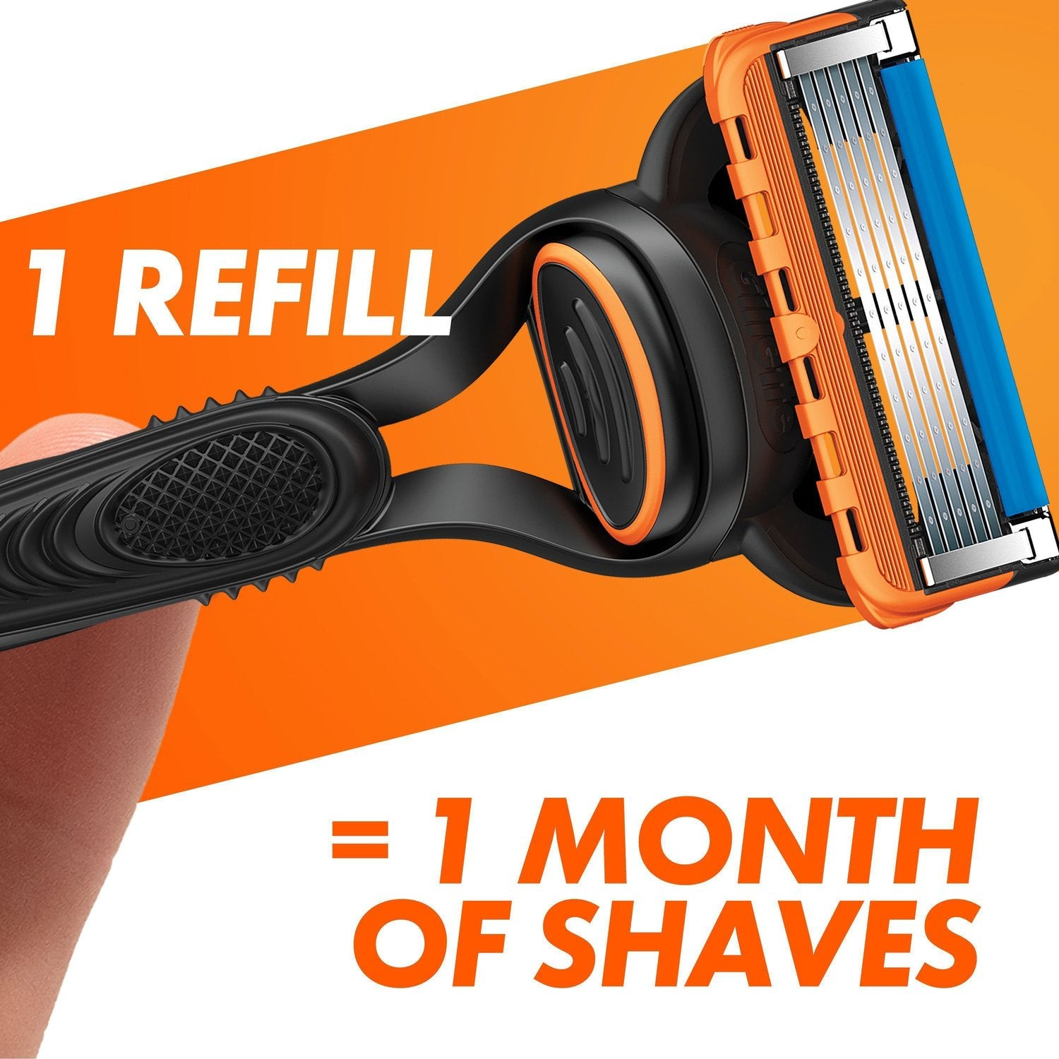 Un rasoio nero e arancione su sfondo arancione con il testo '1 Refill = 1 Month of Shaves'.