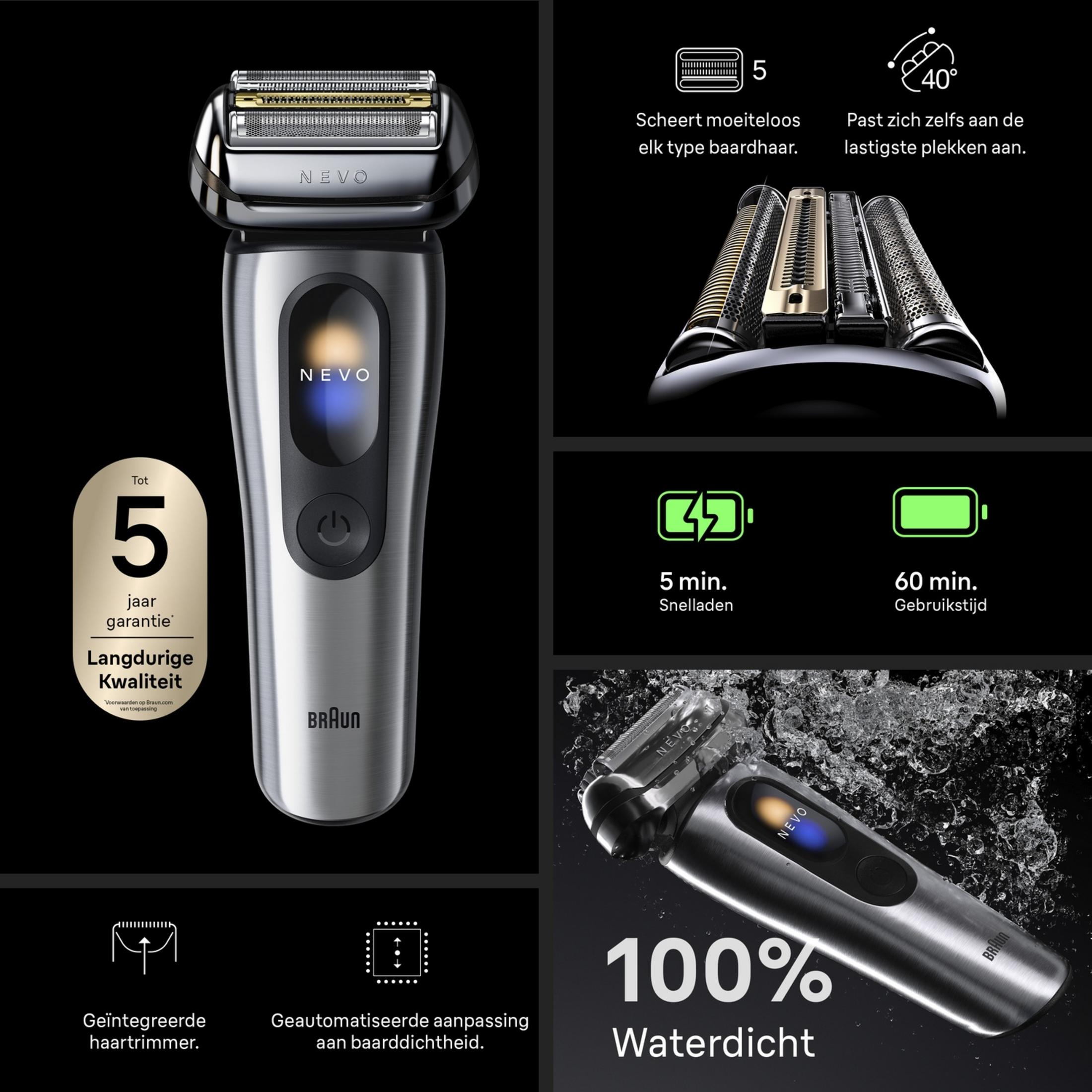 Rasoio Braun argento con icone per 5 elementi di taglio, batteria da 60 minuti, 100% impermeabile e rifinitore.