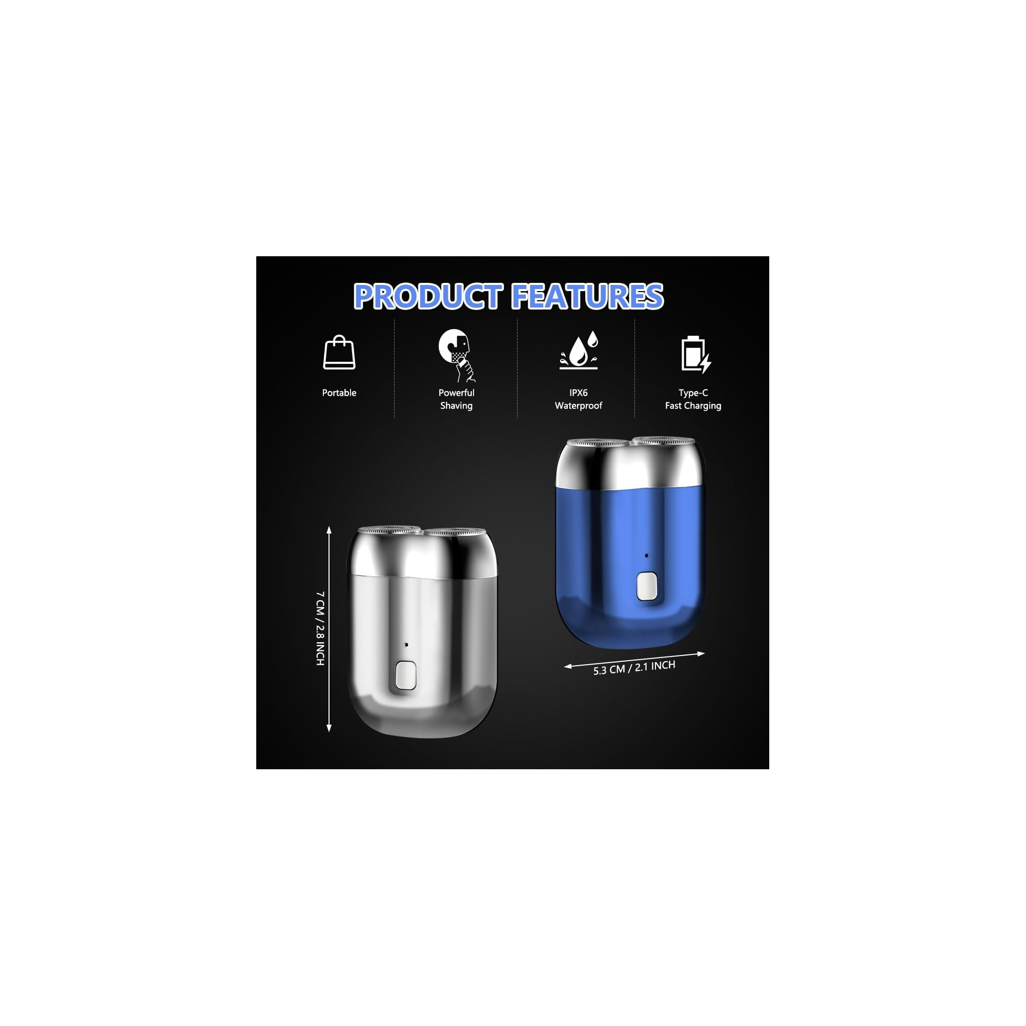 Produktmerkmale eines tragbaren, wasserdichten Rasierers mit Maßen und Icons oben.