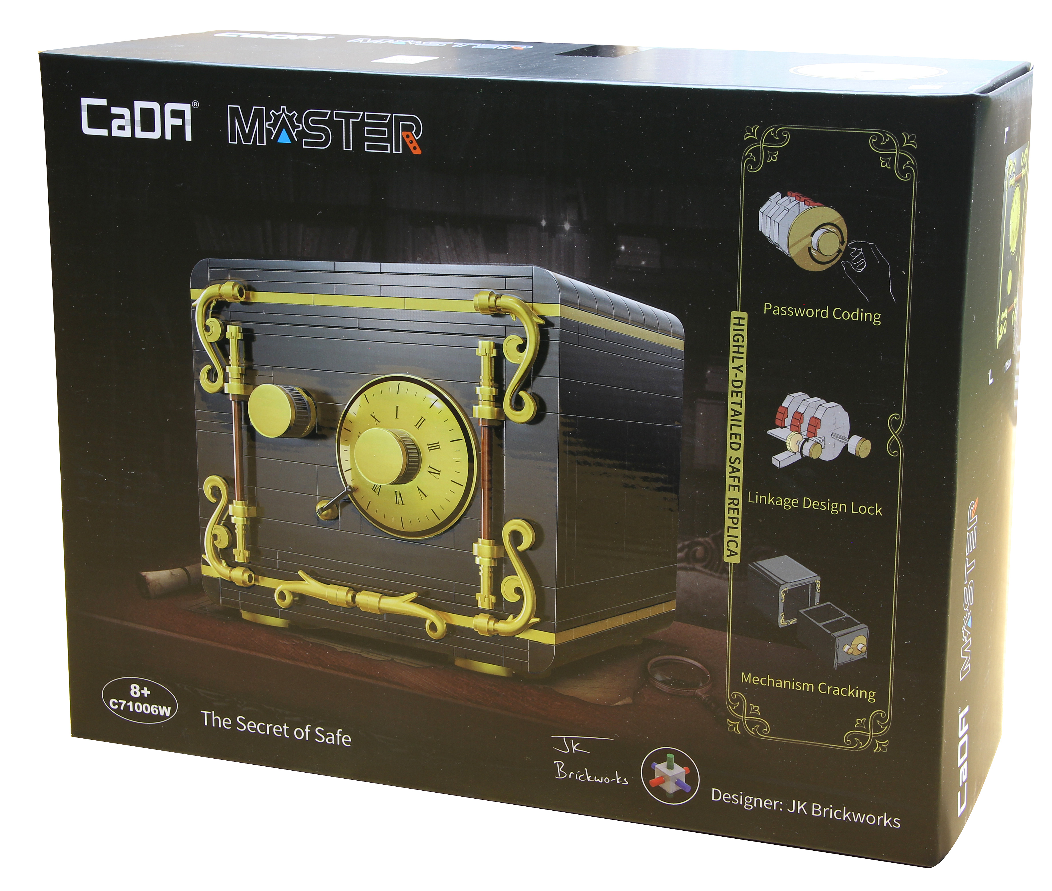 Schwarze CADA Master Produktverpackung zeigt ein zusammengebautes Modell eines dekorativen Safes.