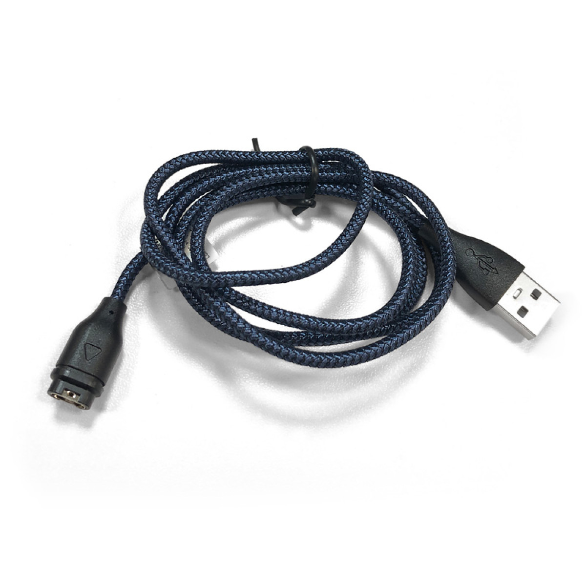 Ein blau geflochtener USB-Kabel mit schwarzem USB-A-Anschluss und speziellem Magnetstecker.
