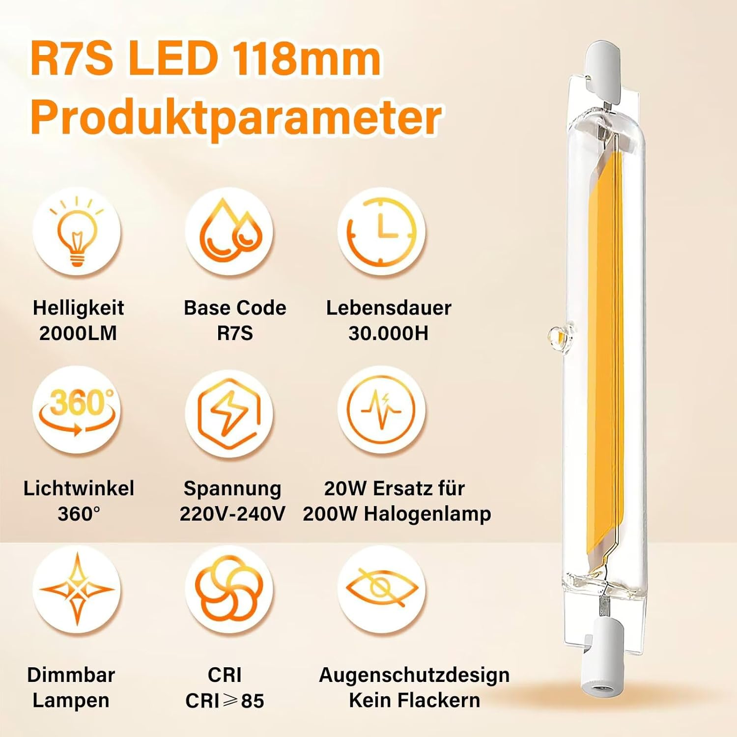 Technische Produktdetails einer R7S LED 118mm Lampe mit Icons für Helligkeit, Spannung und Lebensdauer.