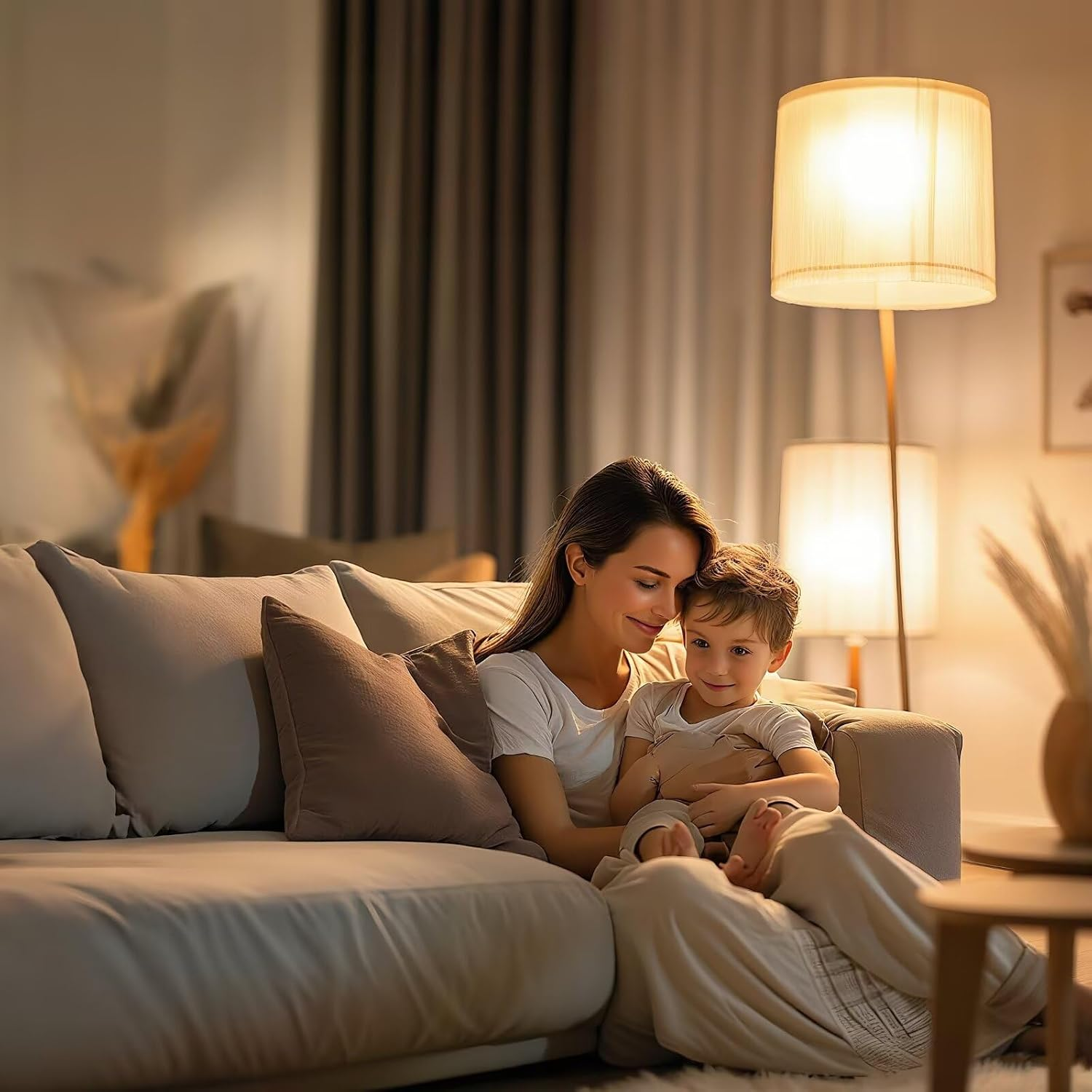 Eine lächelnde Mutter umarmt ihren kleinen Sohn auf einem Sofa im warmen Licht einer Stehlampe.