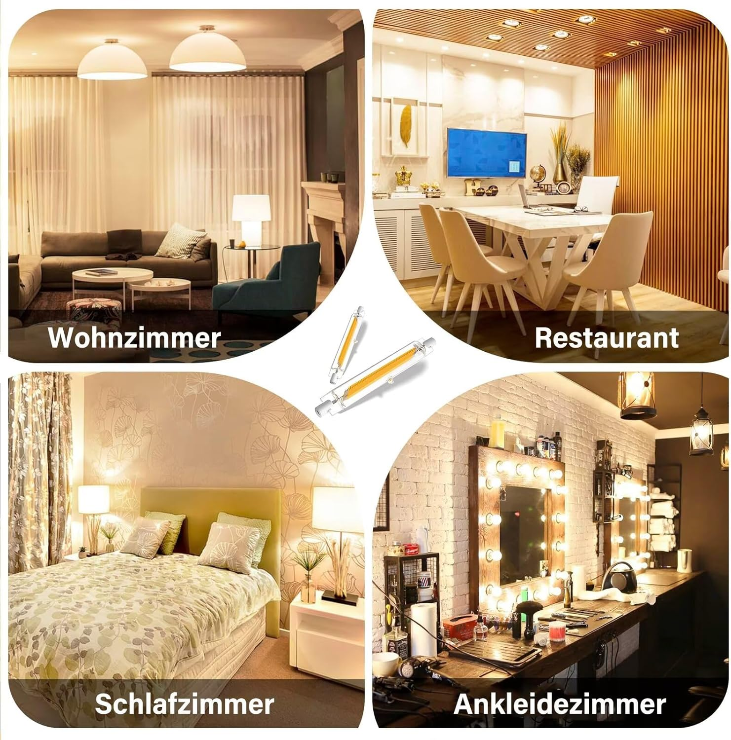 Vier Innenraumszenen mit Wohnzimmer, Essbereich, Schlafzimmer und Ankleidezimmer, beleuchtet mit LED-Lampen.