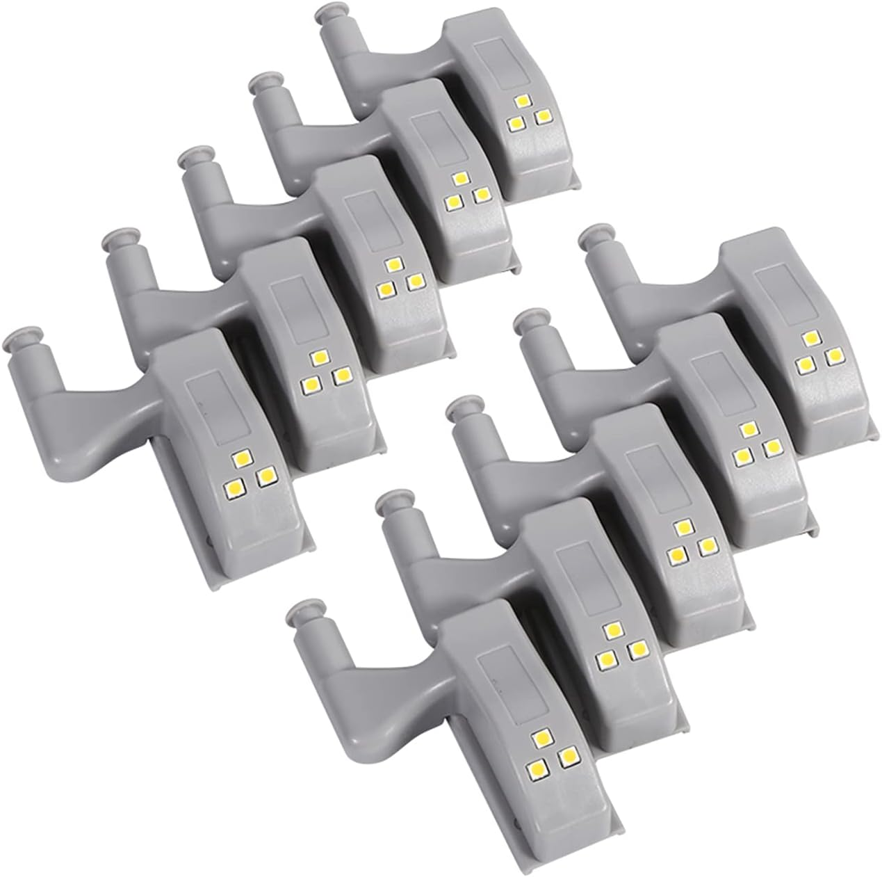 Eine Anordnung von grauen LED-Möbellichtern mit Scharniersensor gegen einen weißen Hintergrund.