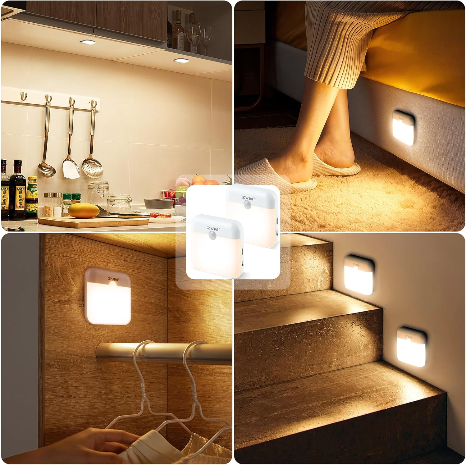 Kleine, kabellose LED-Leuchten mit Bewegungsmelder leuchten Küche, Bett, Kleiderschrank und Treppe aus.