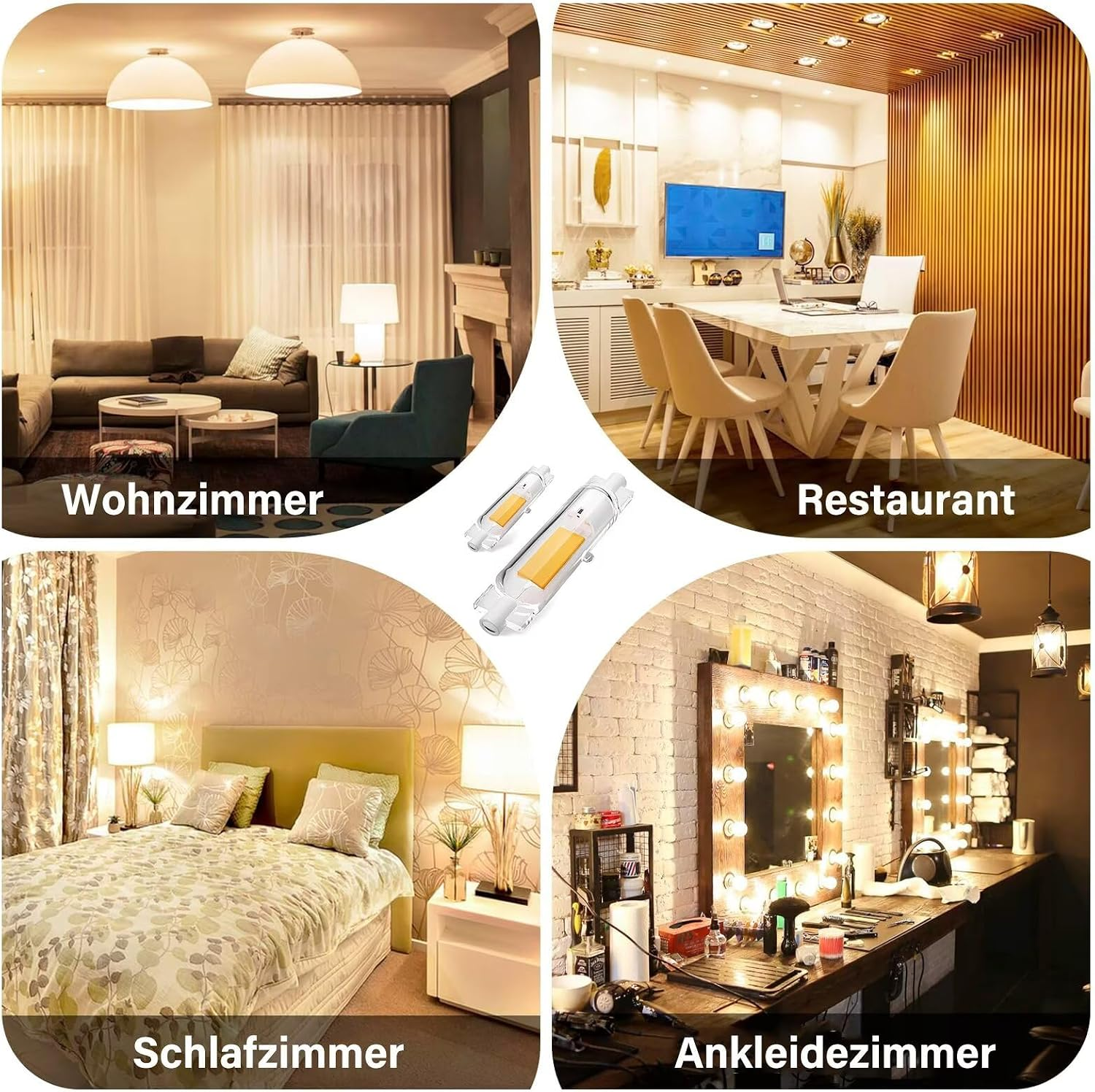 LED-Leuchtmittel im Zentrum, umgeben von Bildern eines Wohn-, Ess-, Schlaf- und Ankleidezimmers.