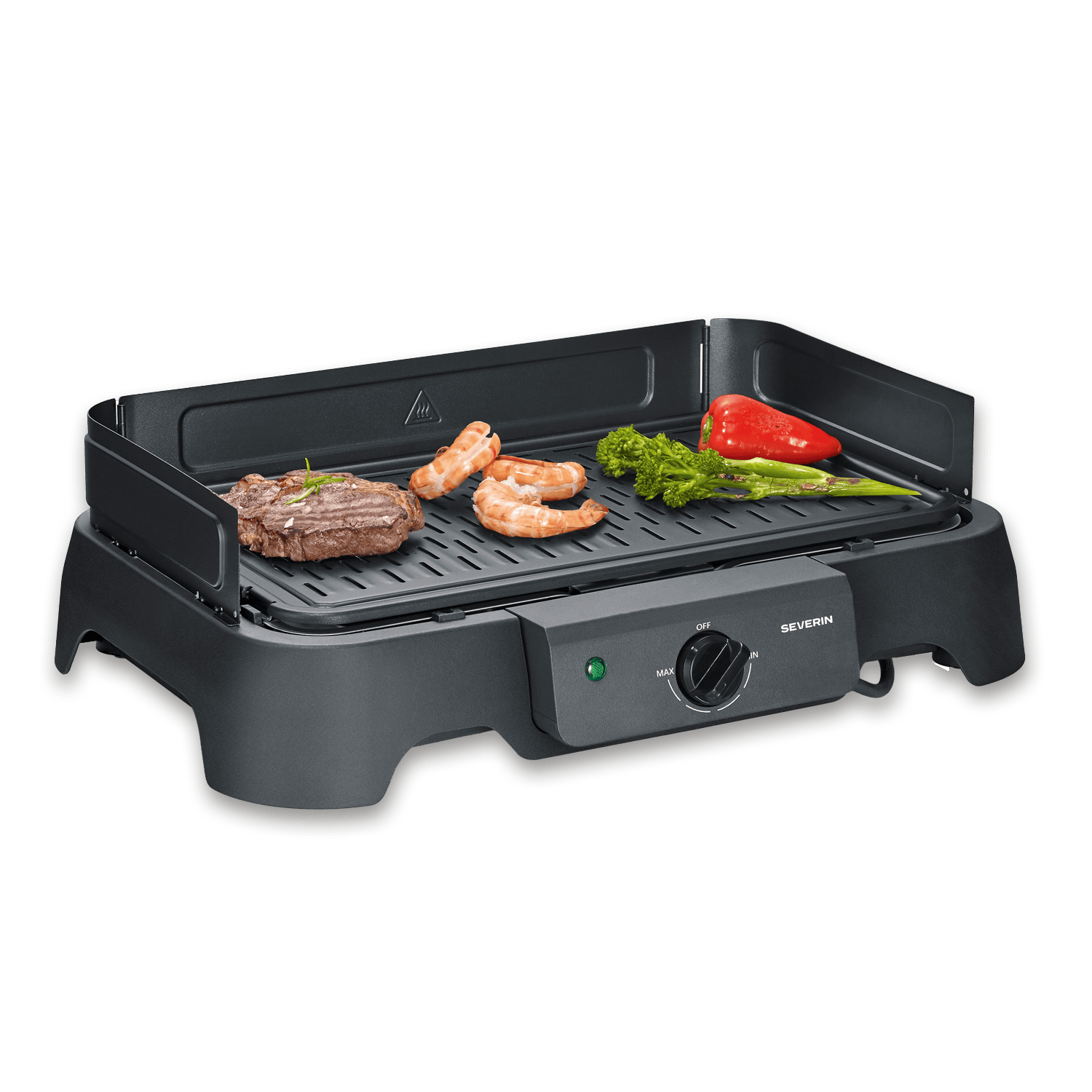 Una grill elettrica da tavolo nera con bistecca, gamberi, broccoli e peperone rosso.