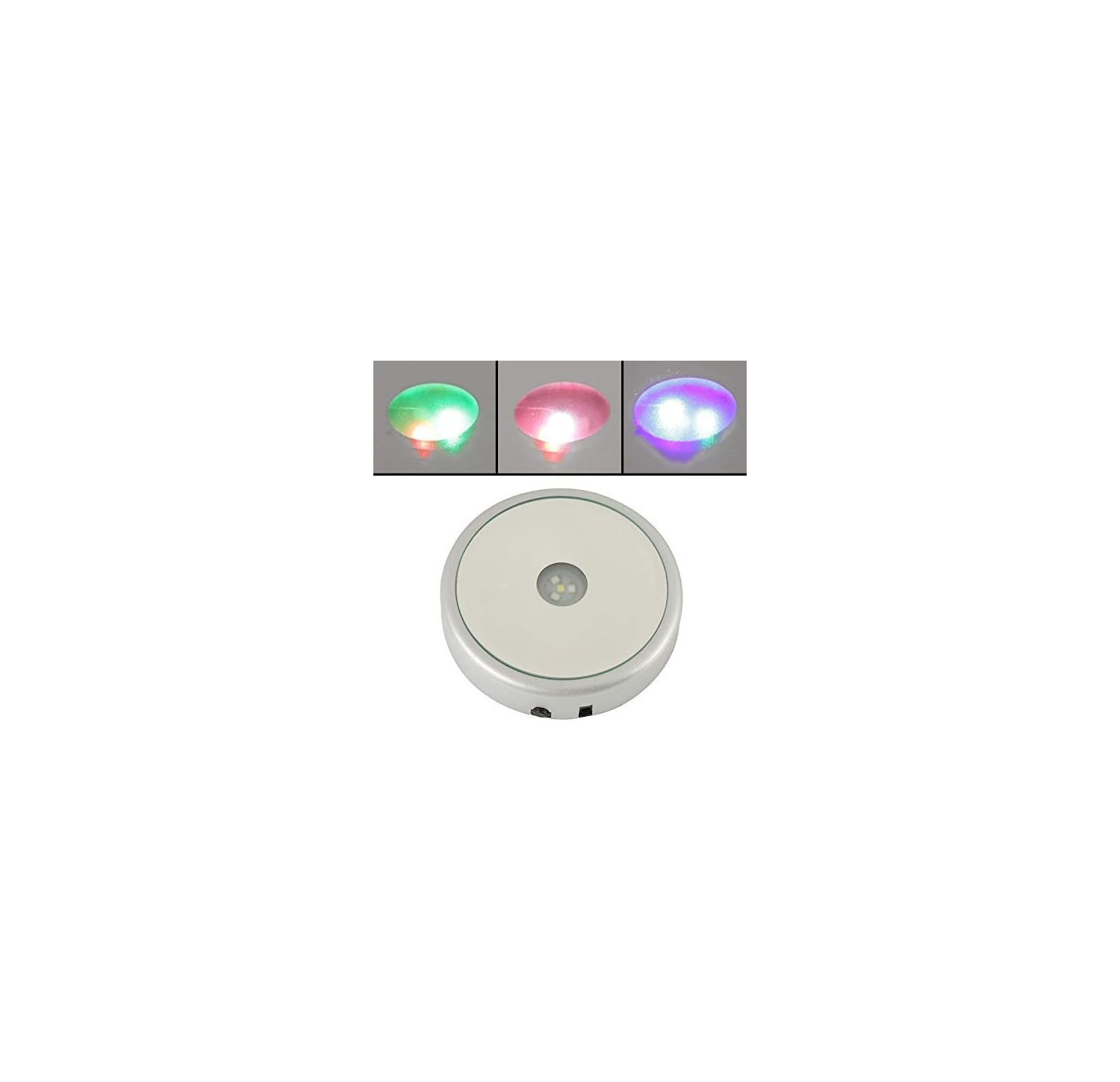 Runde, silberne LED-Leuchte mit drei kleineren Vorschaubildern, die grünes, rosa und violettes Licht zeigen.