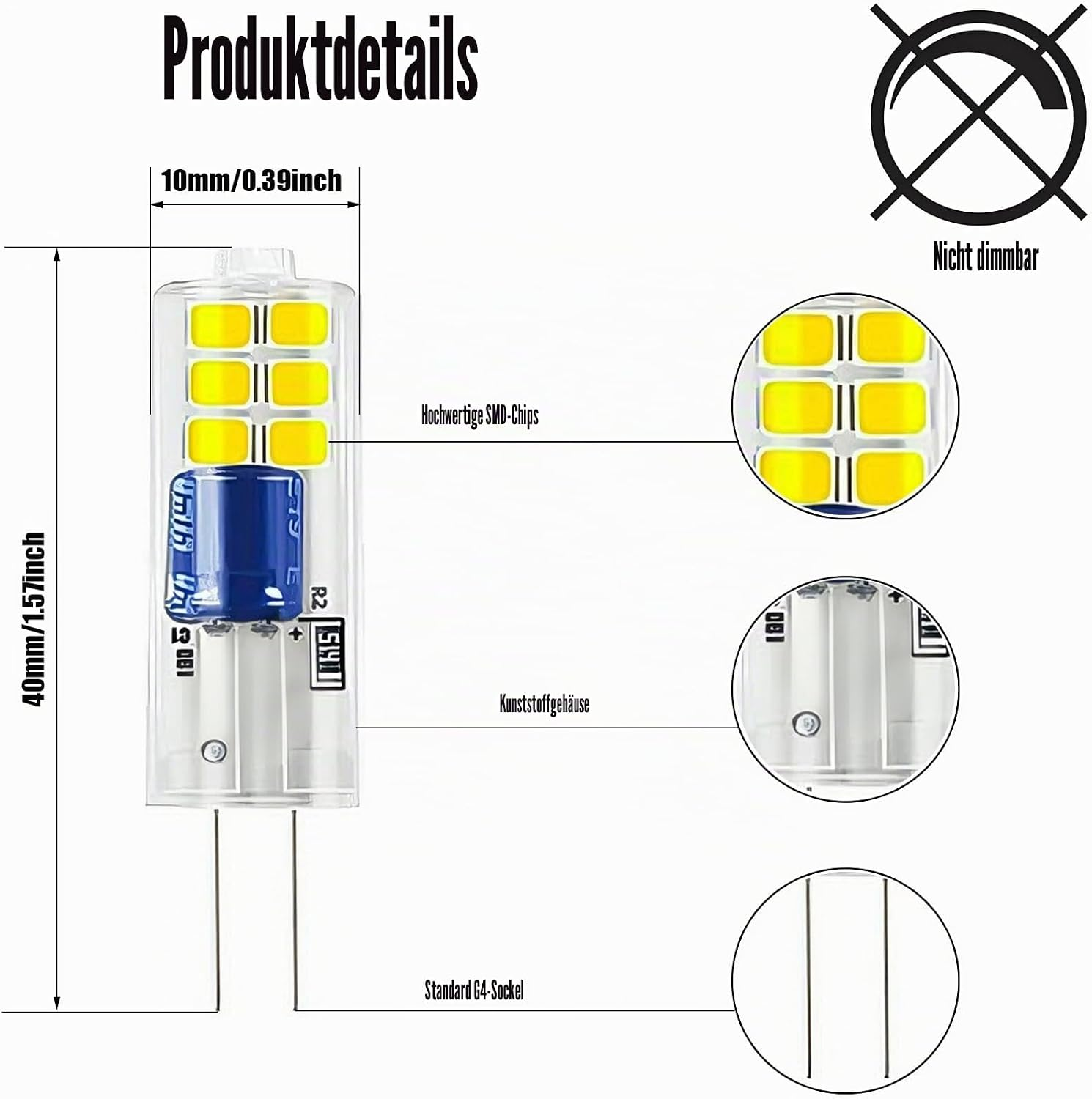 LED-Leuchtmittel Produktdetails mit Maßen, SMD-Chips, Kunststoffgehäuse und G4-Sockel, nicht dimmbar.