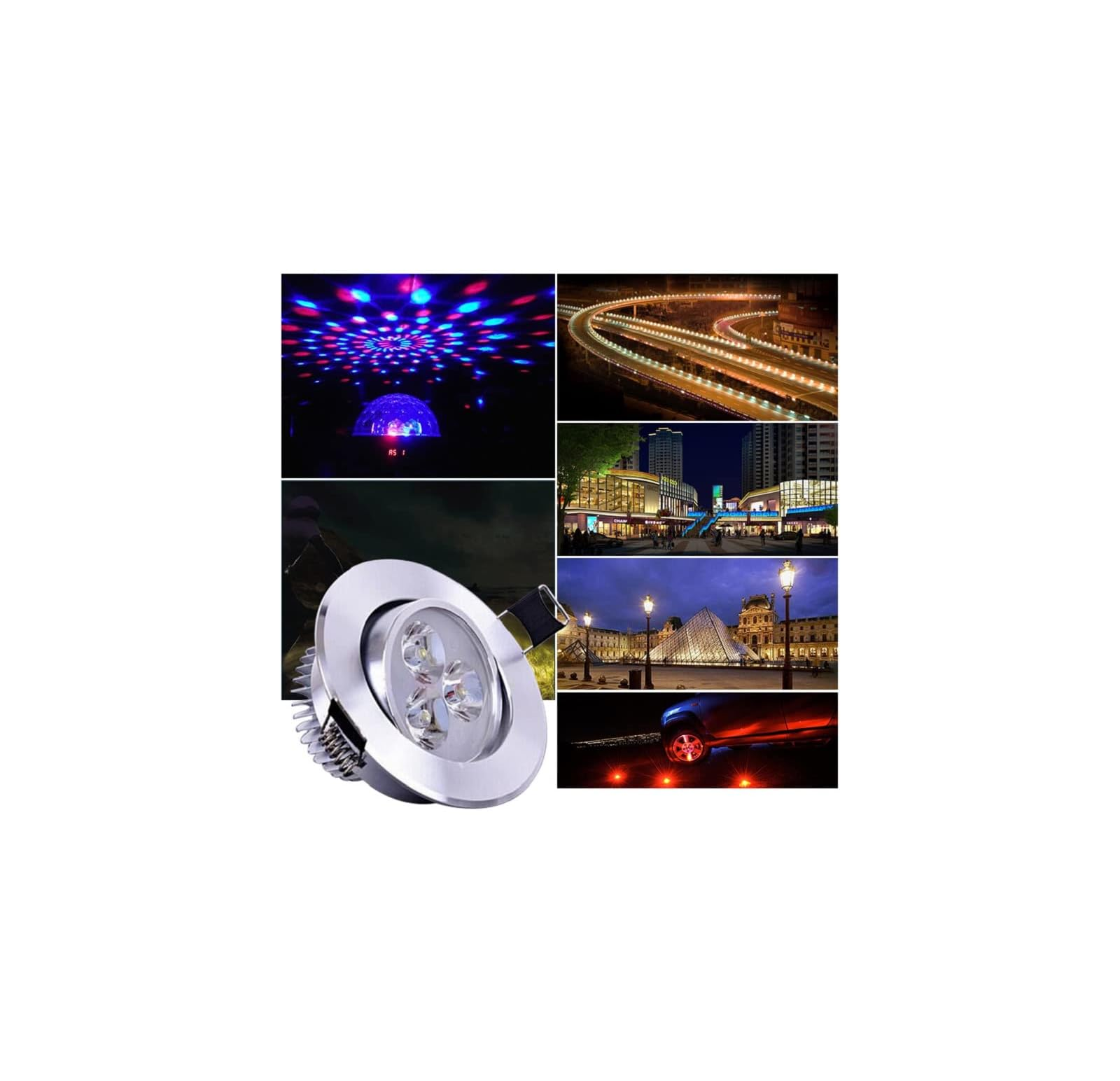 Eine Collage mit einer LED-Einbauleuchte, bunten Lichtprojektionen, nächtlichen Stadt- und Straßenansichten.