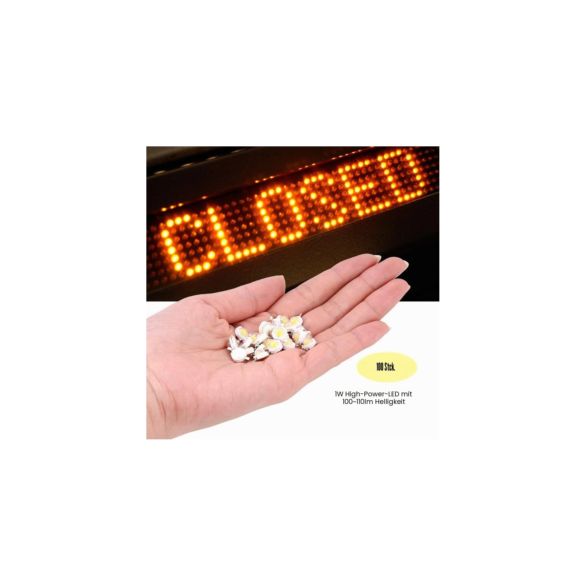Eine Hand hält kleine weiße LEDs vor einer gelben LED-Anzeige mit der Aufschrift Closed.
