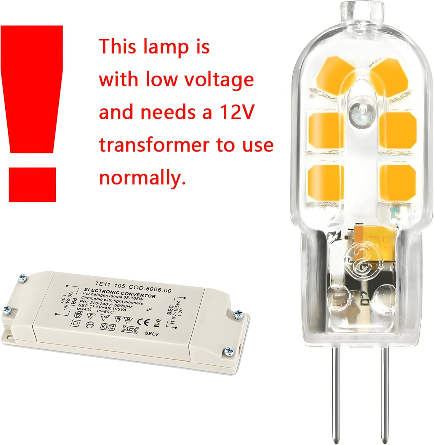 Eine G4-LED-Lampe, ein elektronischer 12V-Transformator und Warntext über Niederspannung.