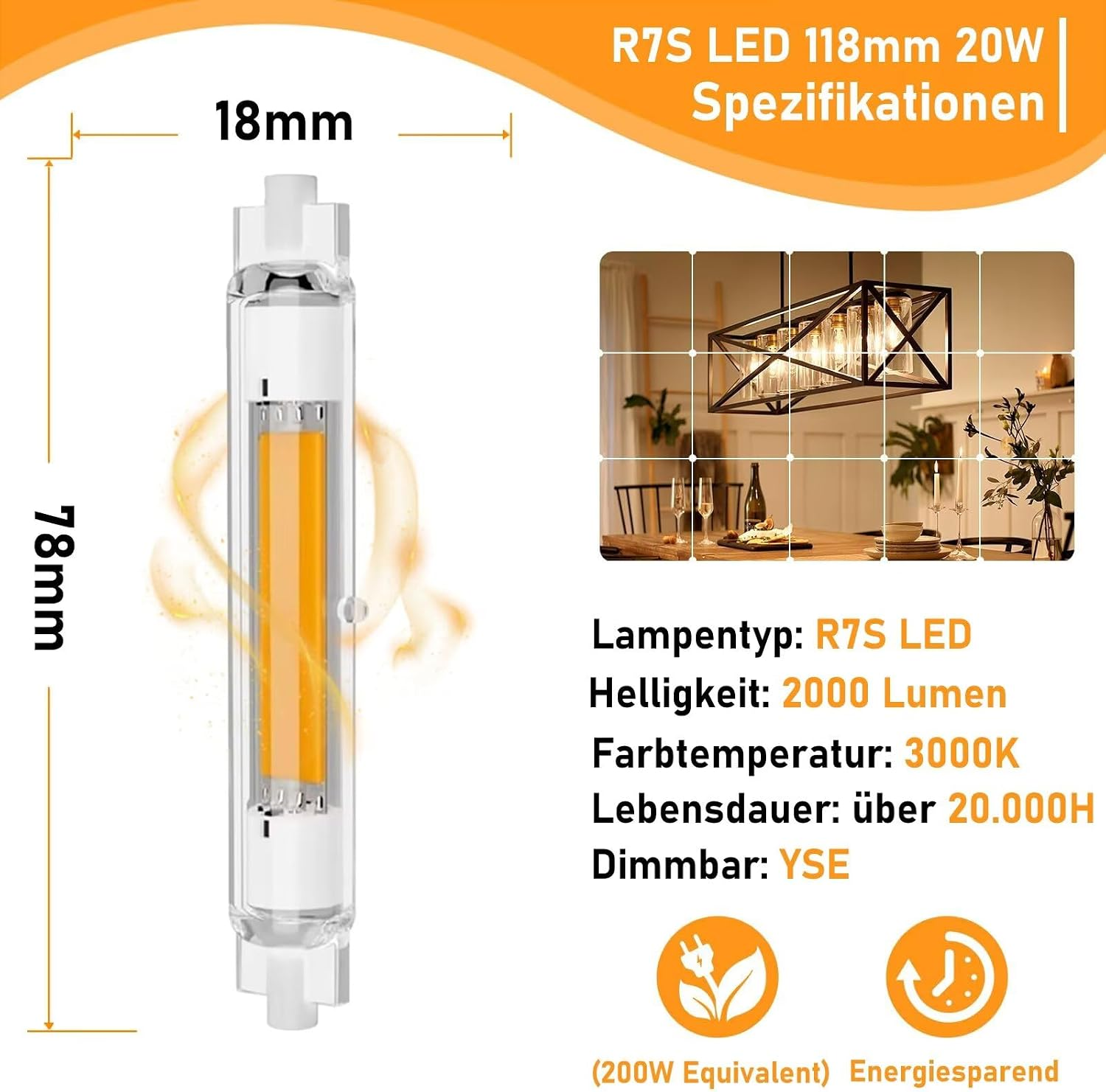 R7S LED 118mm Glühbirne Spezifikationen, Abmessungen und Eigenschaften in einer Infografik.