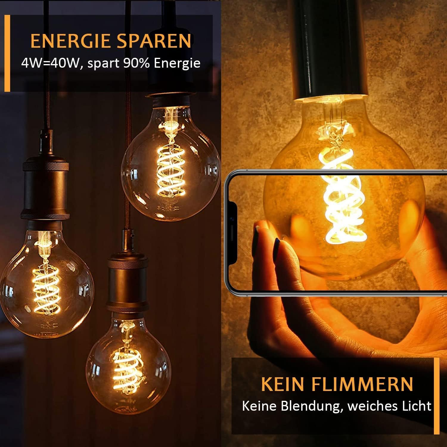 Leuchtende Vintage-LED-Lampen mit Spiralfilamenten, mit Textüberlagerung für Energiesparen und flimmerfrei.