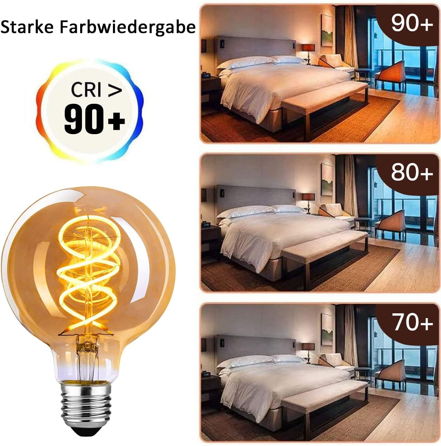Eine Glühbirne und ein Vergleich von Schlafzimmerbeleuchtungen mit CRI 90+, 80+ und 70+.