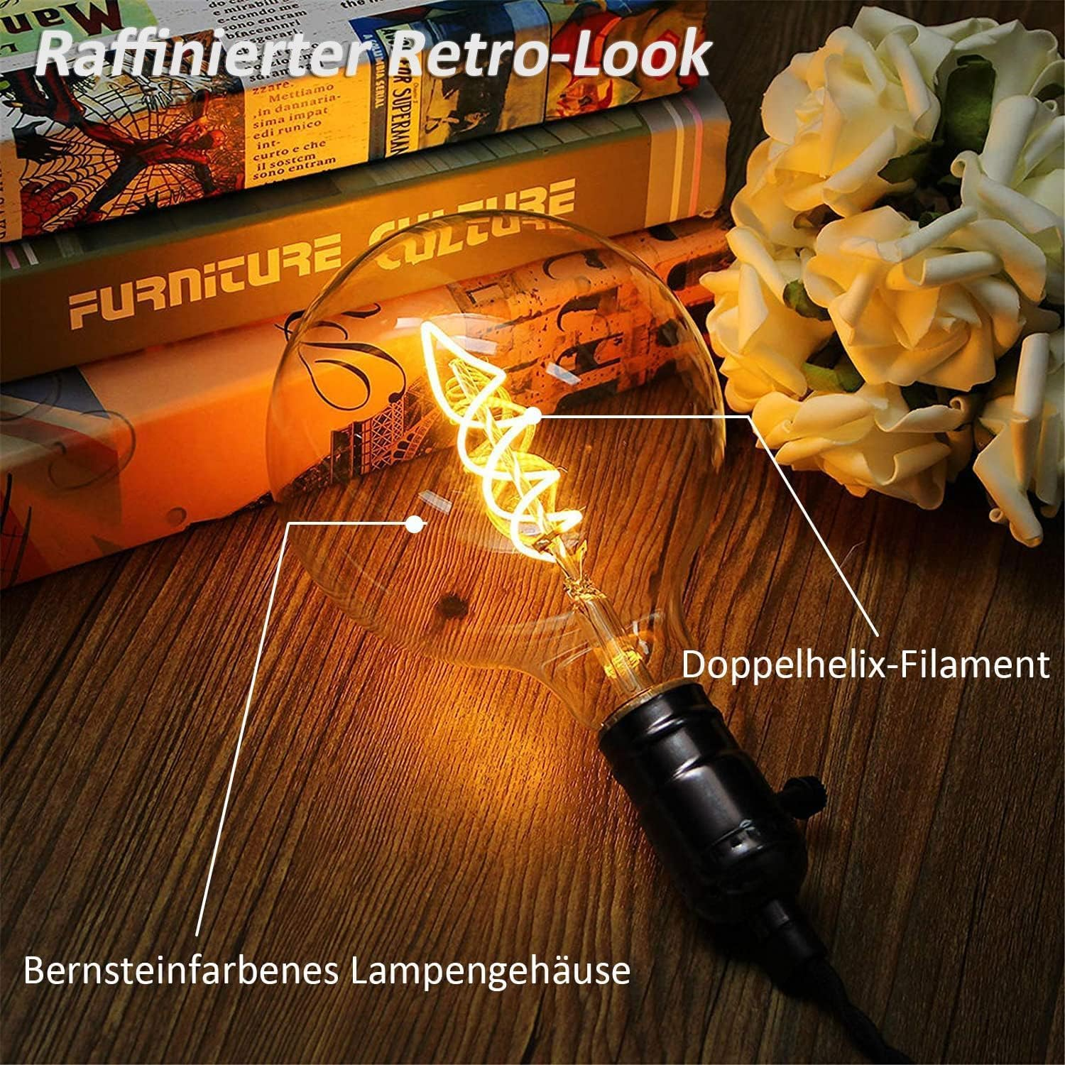 Eine bernsteinfarbene Retro-Glühbirne mit Doppelhelix-Filament auf Holz, umgeben von Büchern und weißen Blumen.