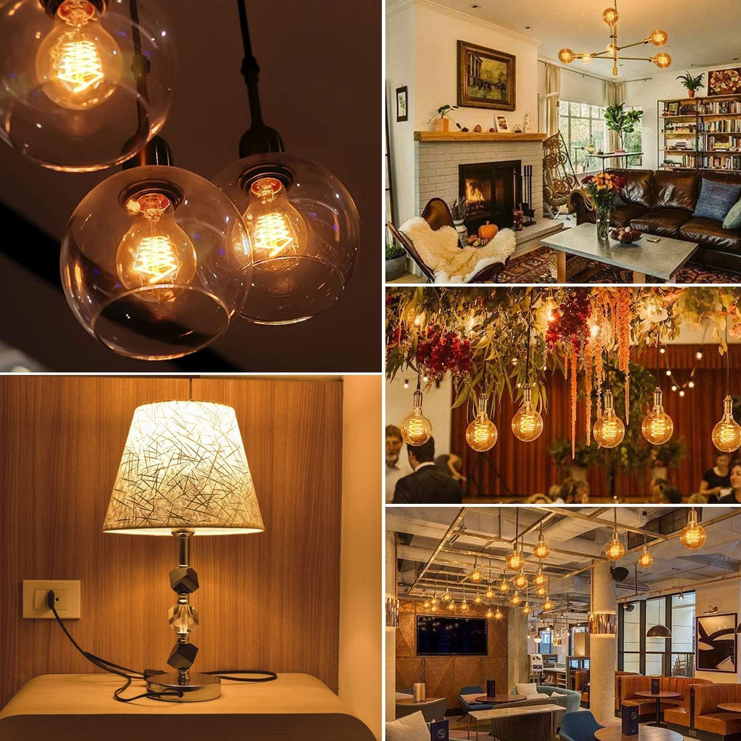 Eine Collage zeigt moderne Pendelleuchten, ein gemütliches Wohnzimmer, eine florale Decke und eine Tischlampe.