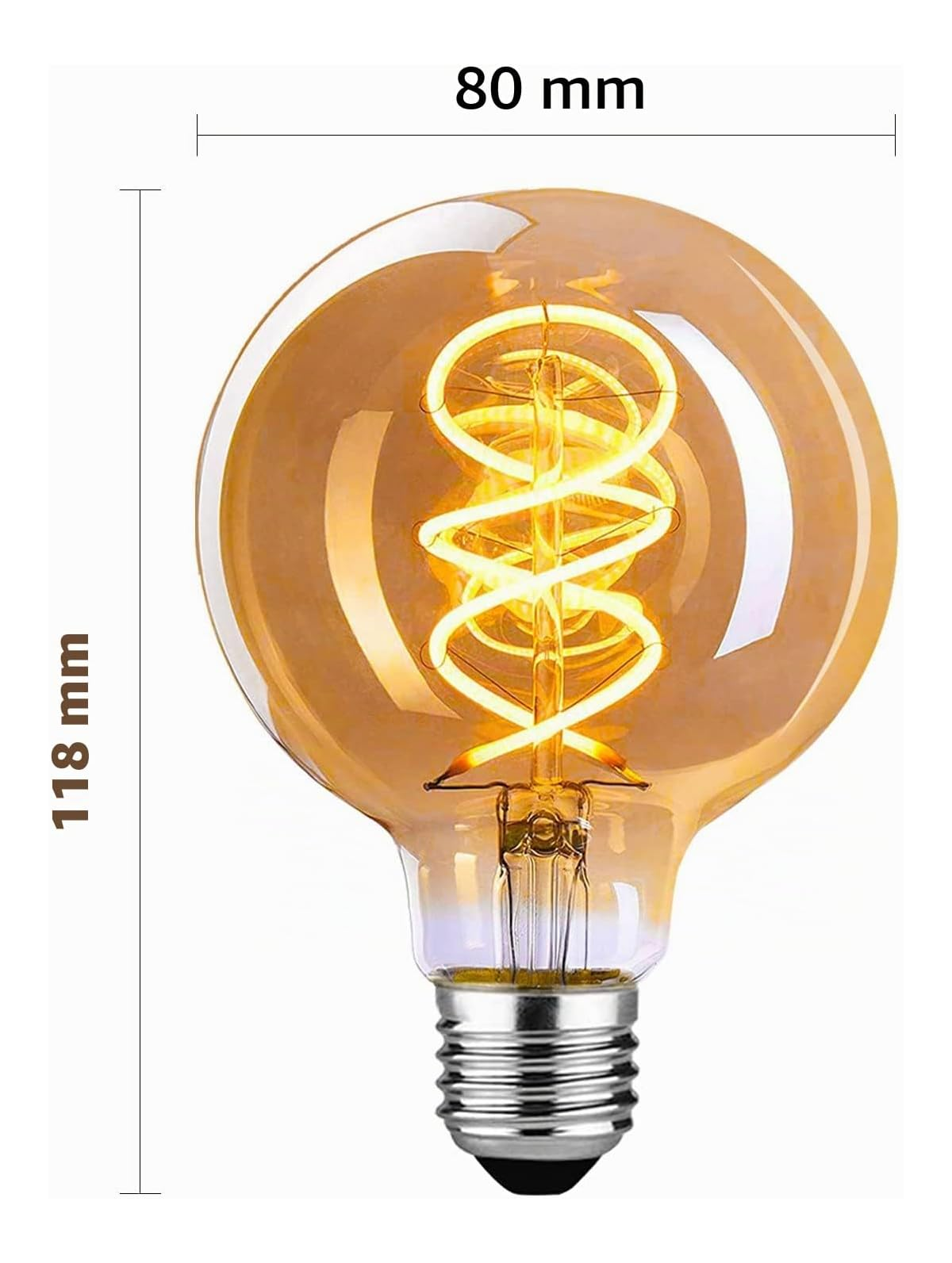 Eine bernsteinfarbene Kugelglühlampe mit spiralförmigem LED-Filament zeigt Maße von 80 mm Breite und 118 mm Höhe.