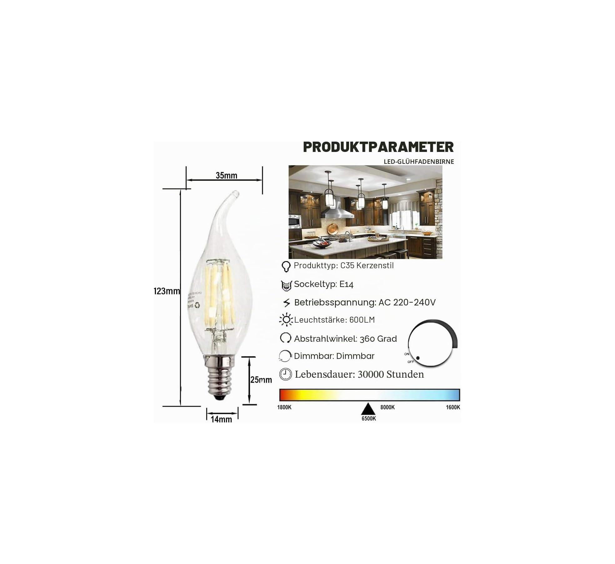 Technische Zeichnung einer flammenförmigen C35 LED-Glühlampe mit Maßen, Produktdetails und Anwendungsbild.