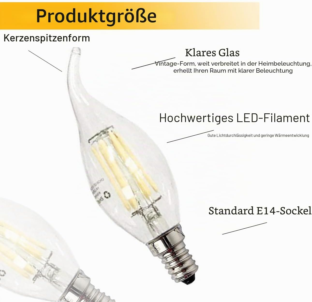 E14 LED-Kerzenlampe mit klarem Glas und sichtbarem Filament auf weißem Hintergrund mit Erklärungen.