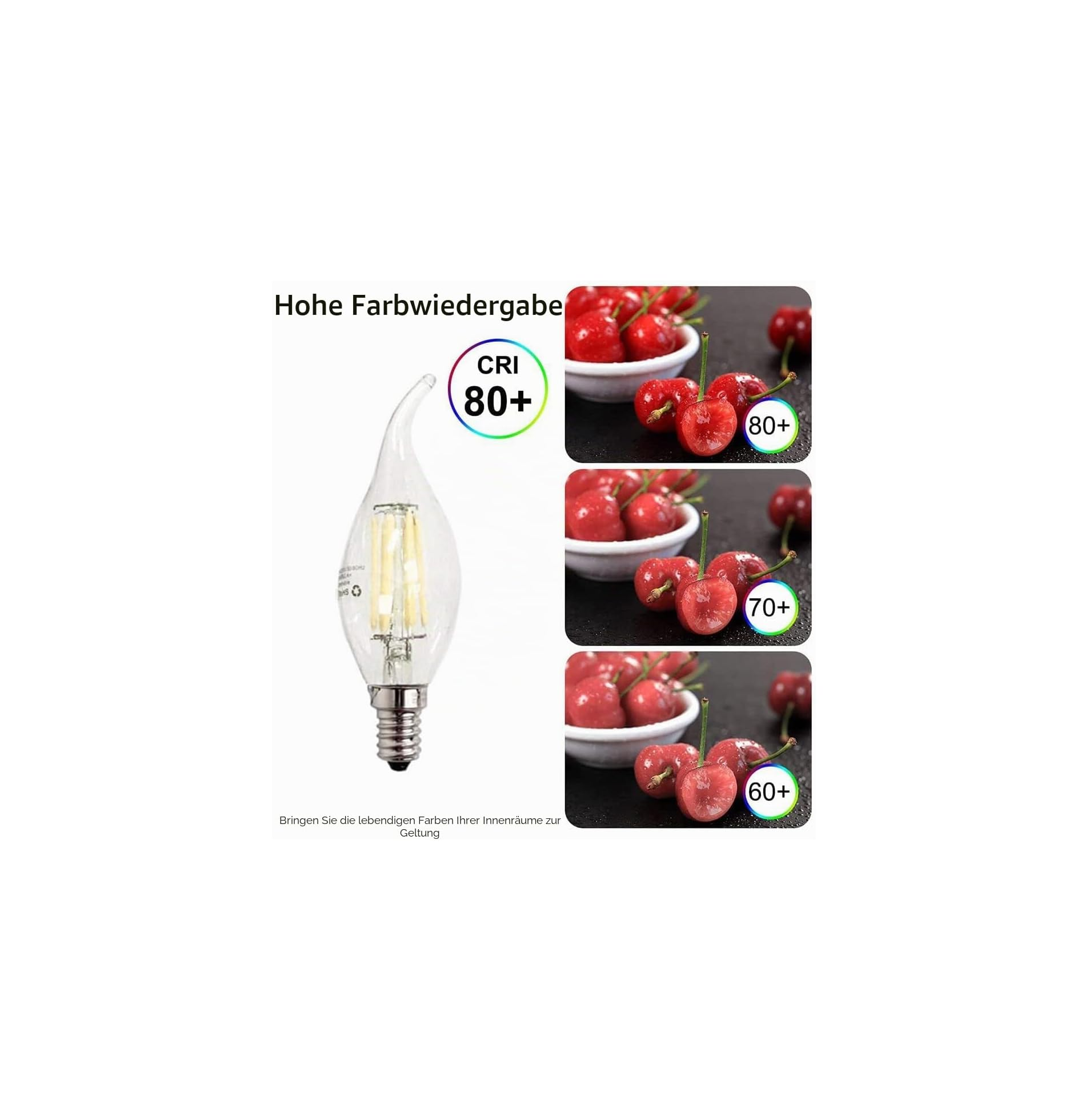 LED-Kerzenlampe und Vergleichsbilder von Kirschen mit verschiedenen CRI-Werten von 80+, 70+ und 60+.