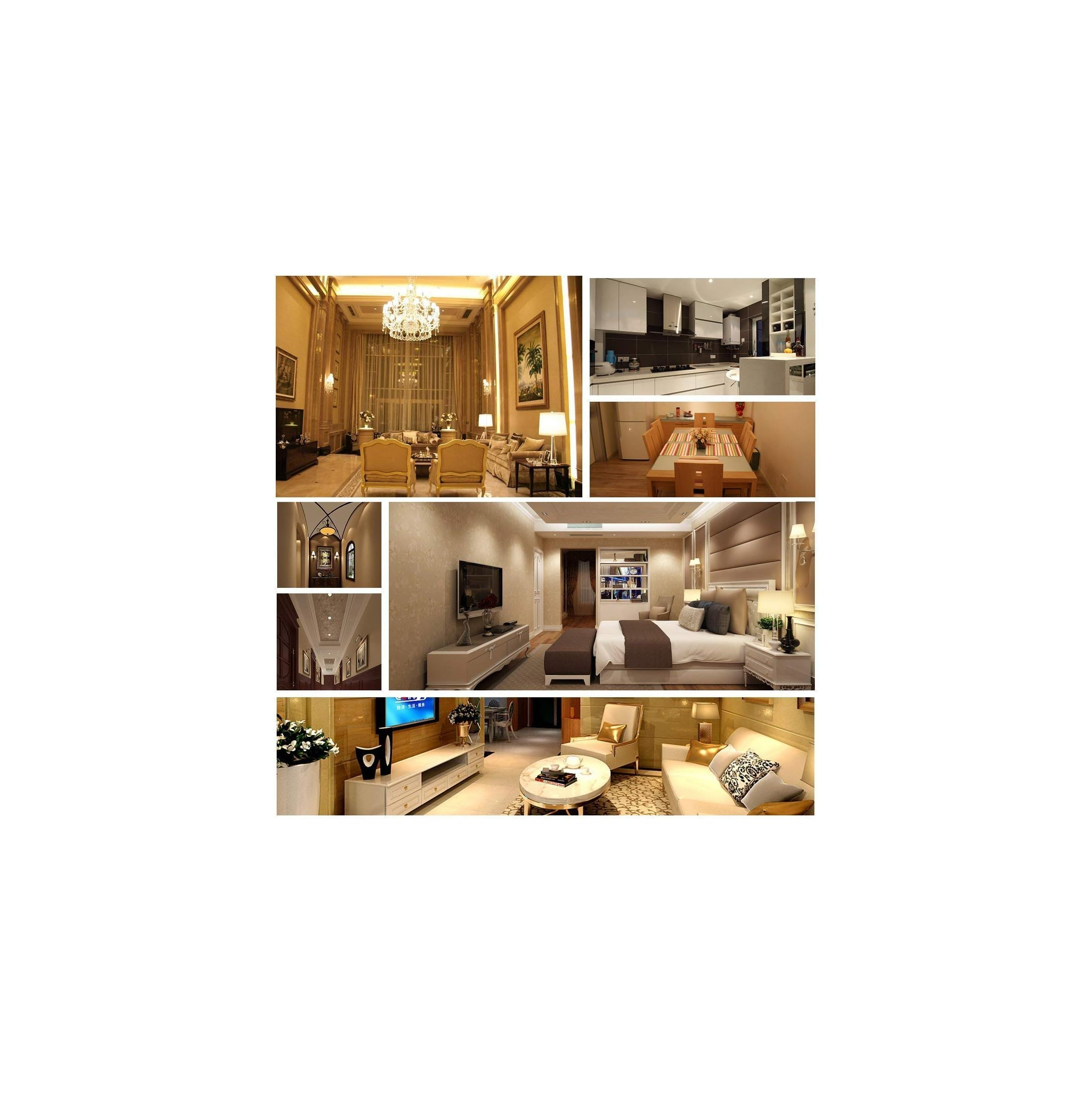Eine Collage verschiedener luxuriöser Räume, darunter Wohnzimmer, Schlafzimmer, Küche und Essbereich.