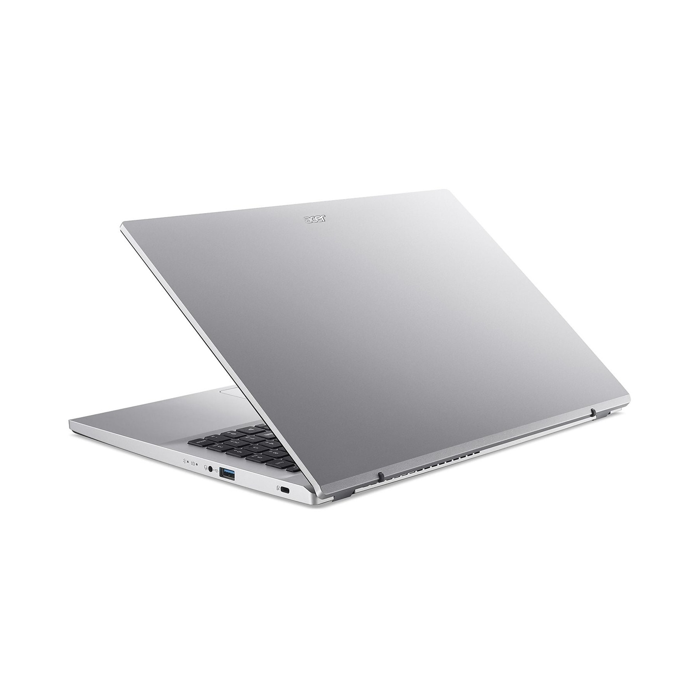 Ein silberner Acer-Laptop steht auf einer weißen Oberfläche und zeigt die Rückseite und Tastatur.