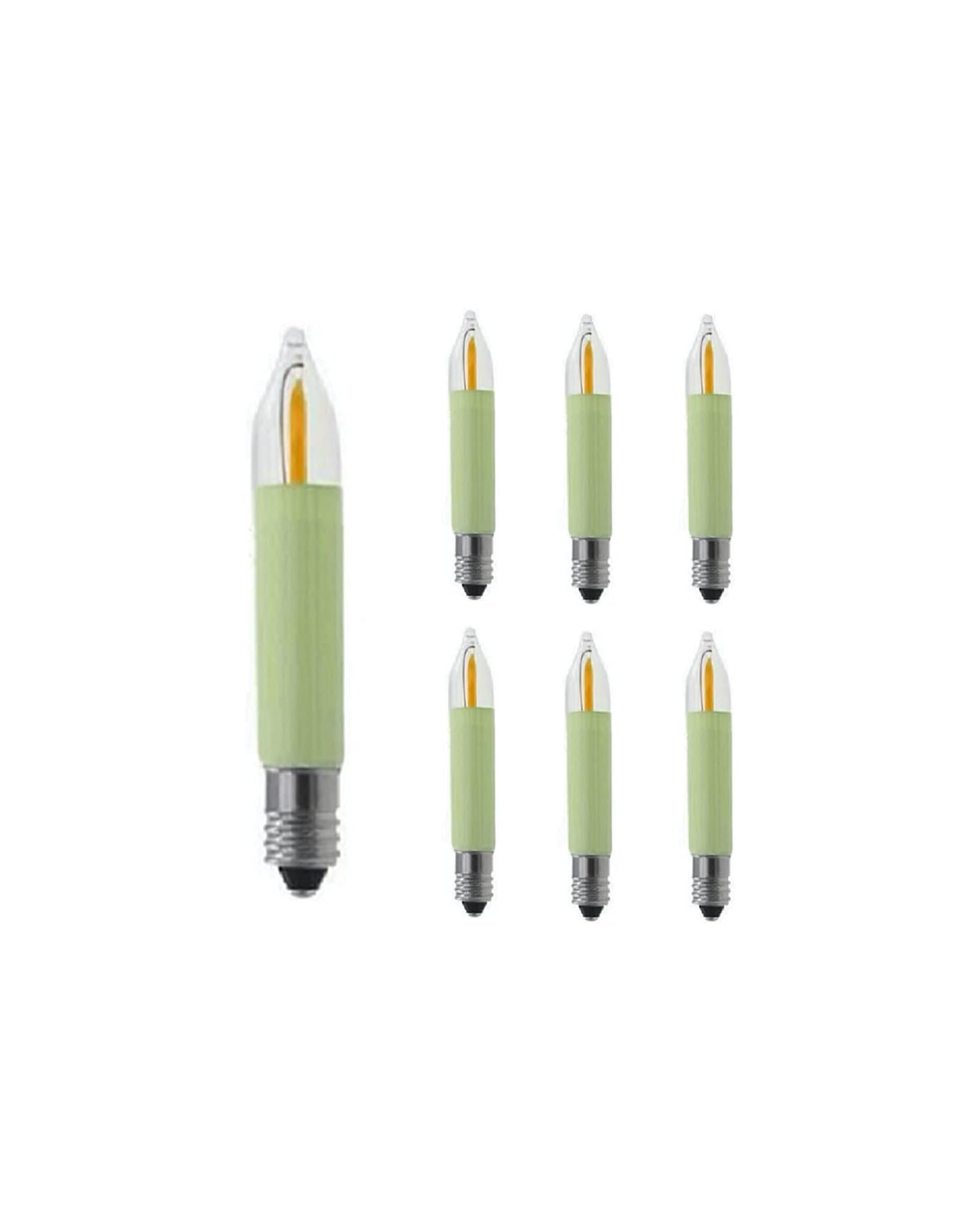 Sechs grüne LED-Kerzenlampen mit silbernem Sockel auf weißem Hintergrund.
