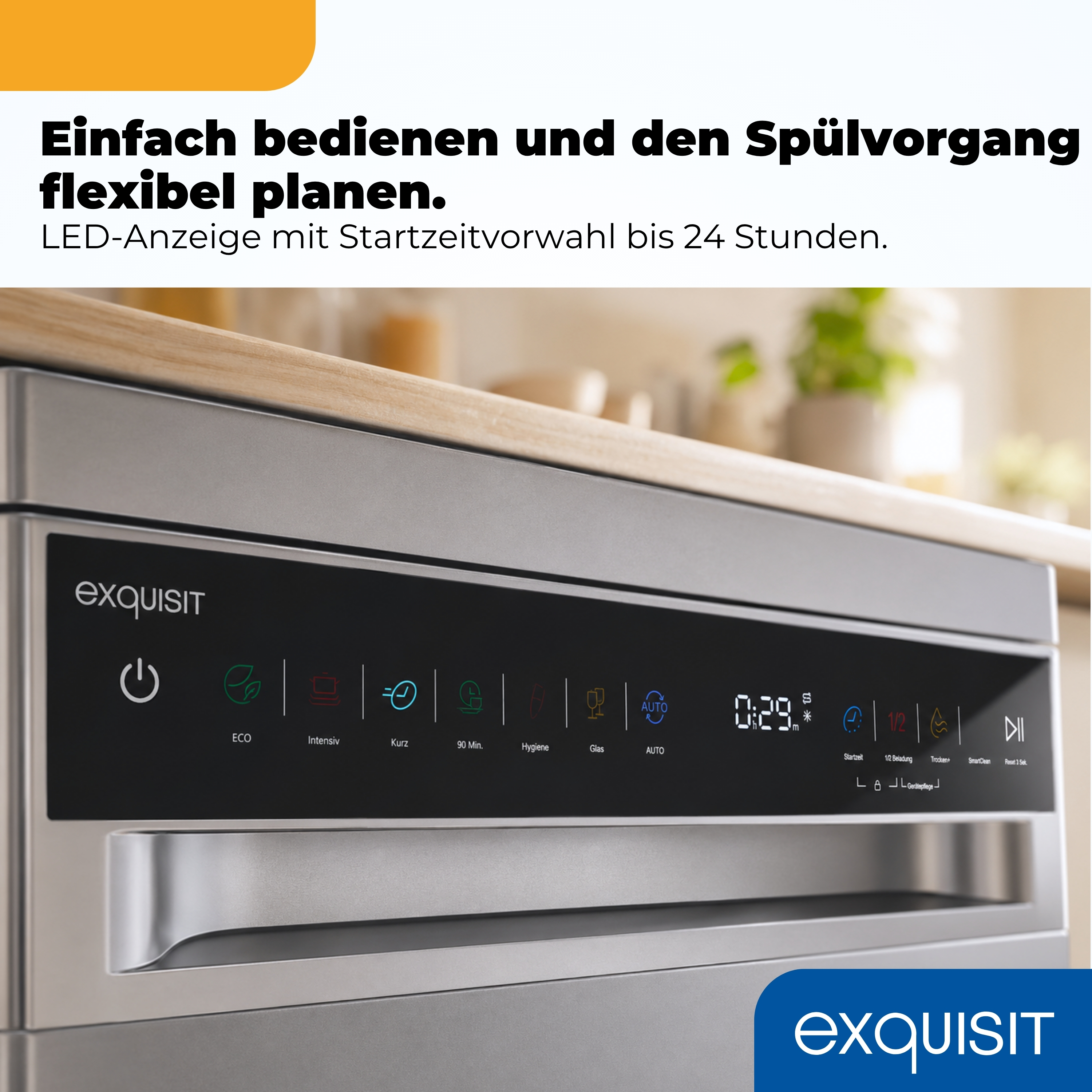 Exquisit Geschirrspüler Bedienfeld mit LED-Anzeige und verschiedenen Spülprogrammen.