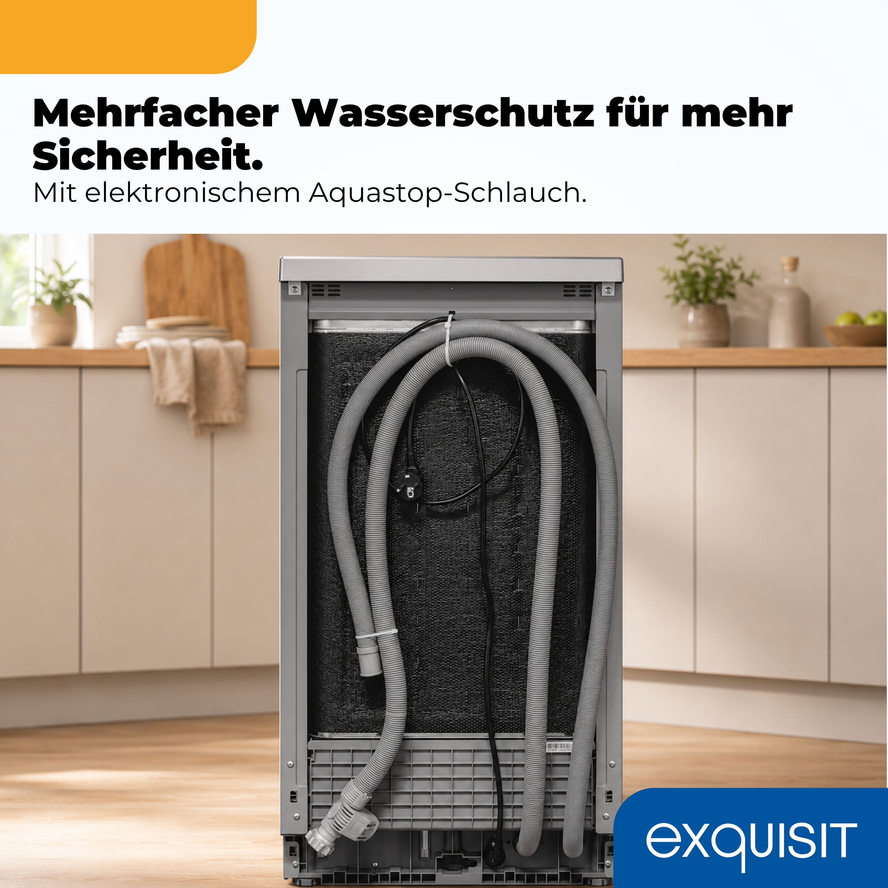 Rückseite einer Spülmaschine mit Aquastop-Schlauch in einer Küche, darüber Text.