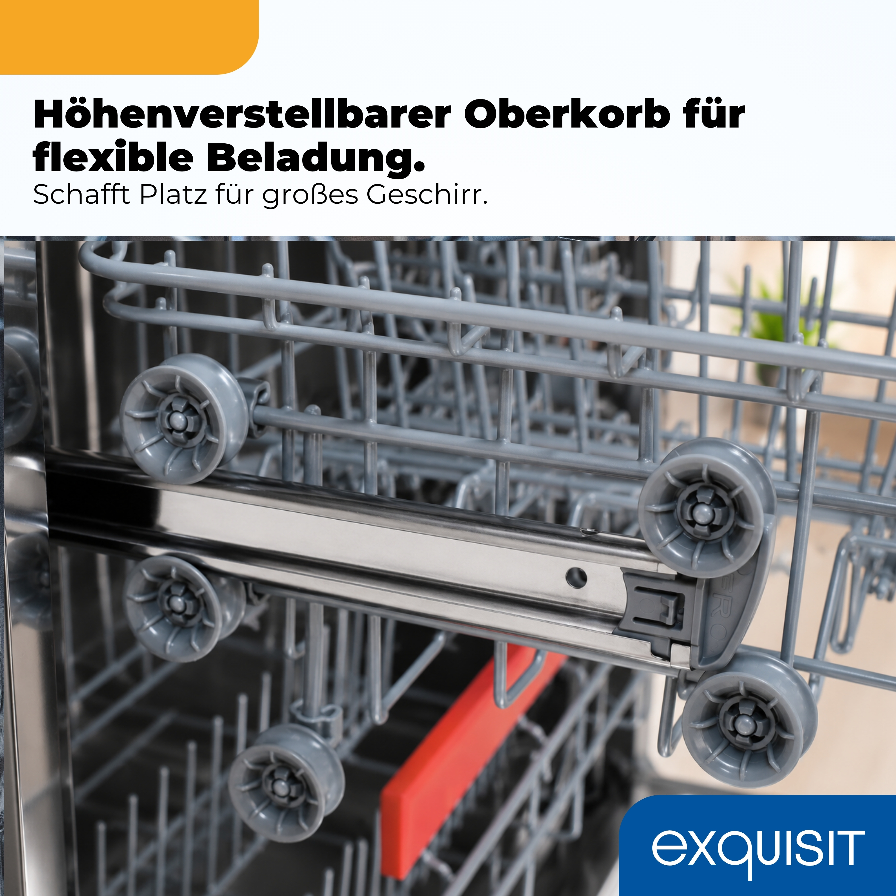 Geschirrspüler-Oberkorb mit grauen Rollen und Schienen, Text oben über die Höhenverstellung.